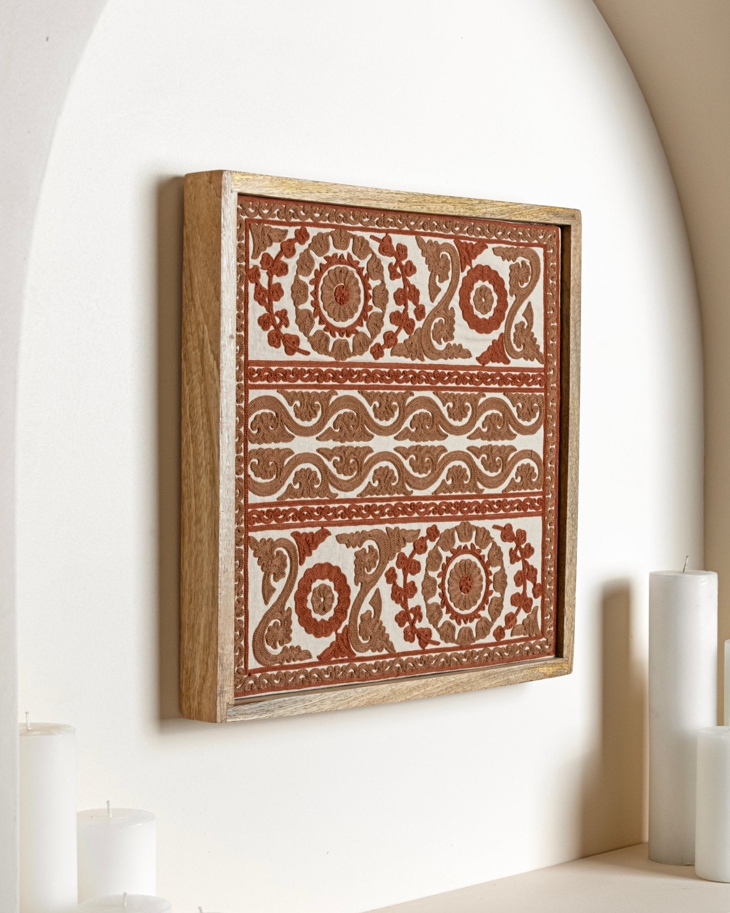 Rust Framed Suzani Textile 16x16" - Marble Lotus - Suzani Textile | Red Framed Textile Art 16x16"