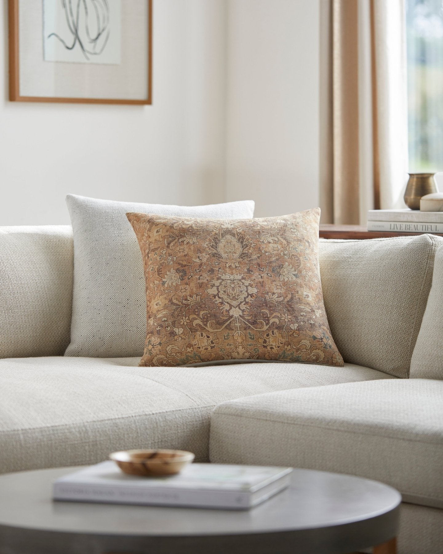 Rustic Ivory Brocade Cotton Pillow - Marble Lotus - Brown Brocade Cotton Pillow