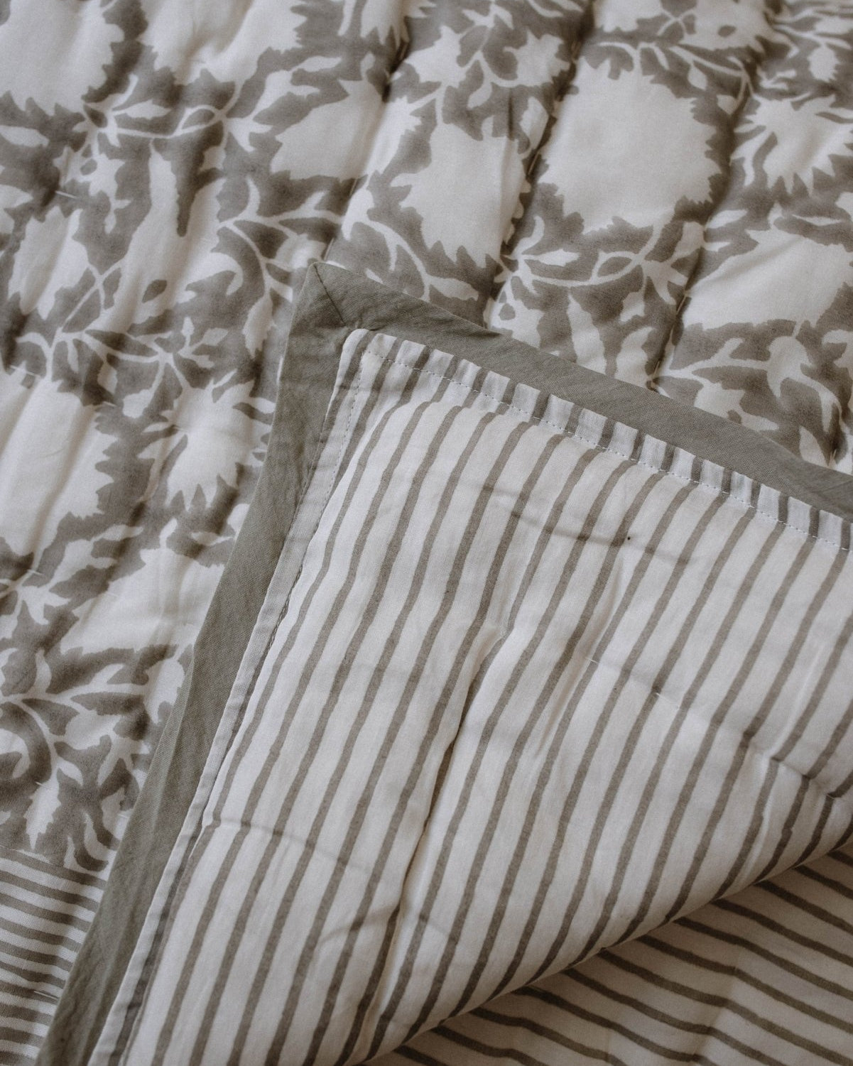 Sage Grey Block Printed Quilt - Marble Lotus - Sage Grey Block Printed Quilt