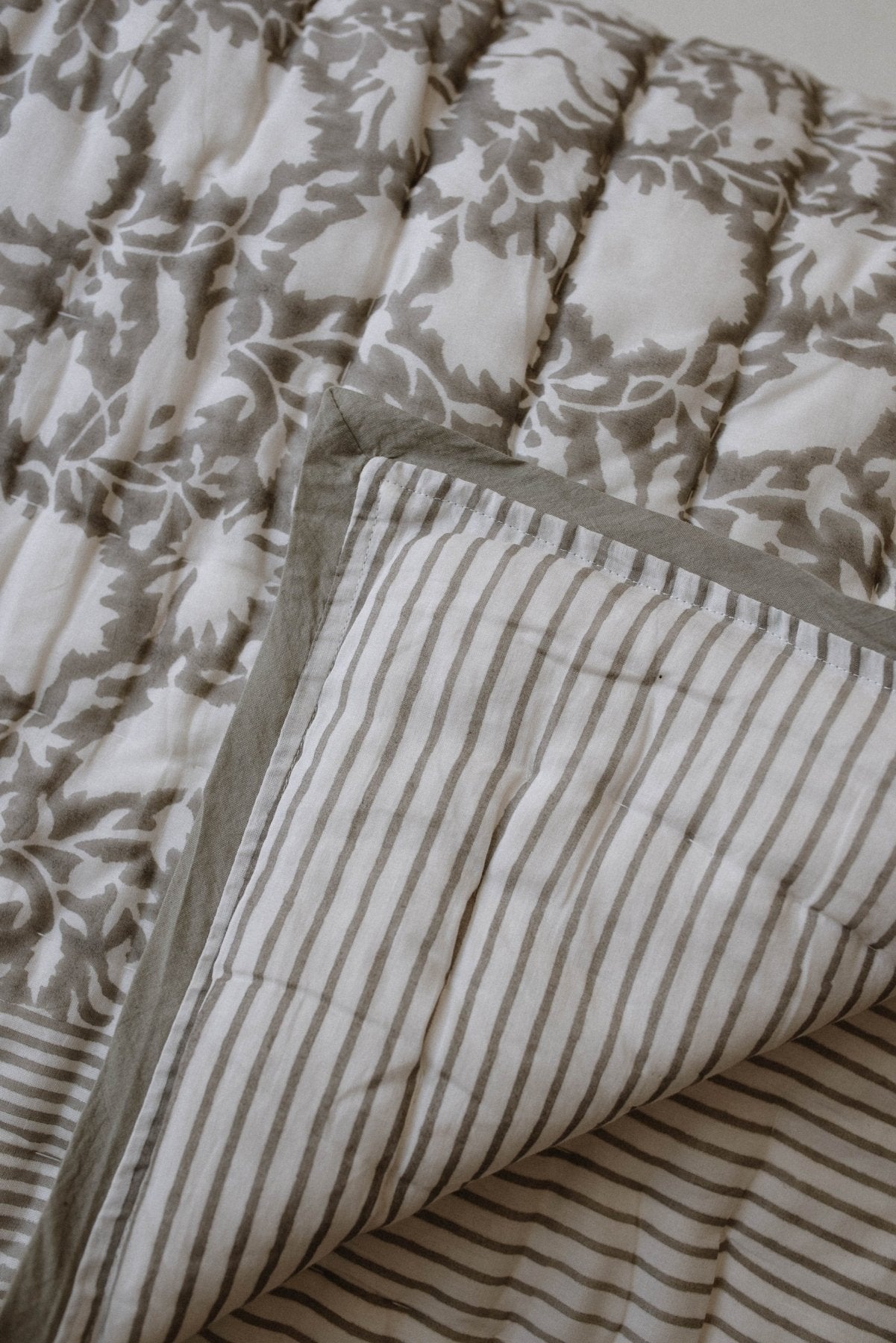 Sage Grey Block Printed Quilt - Marble Lotus - Sage Grey Block Printed Quilt