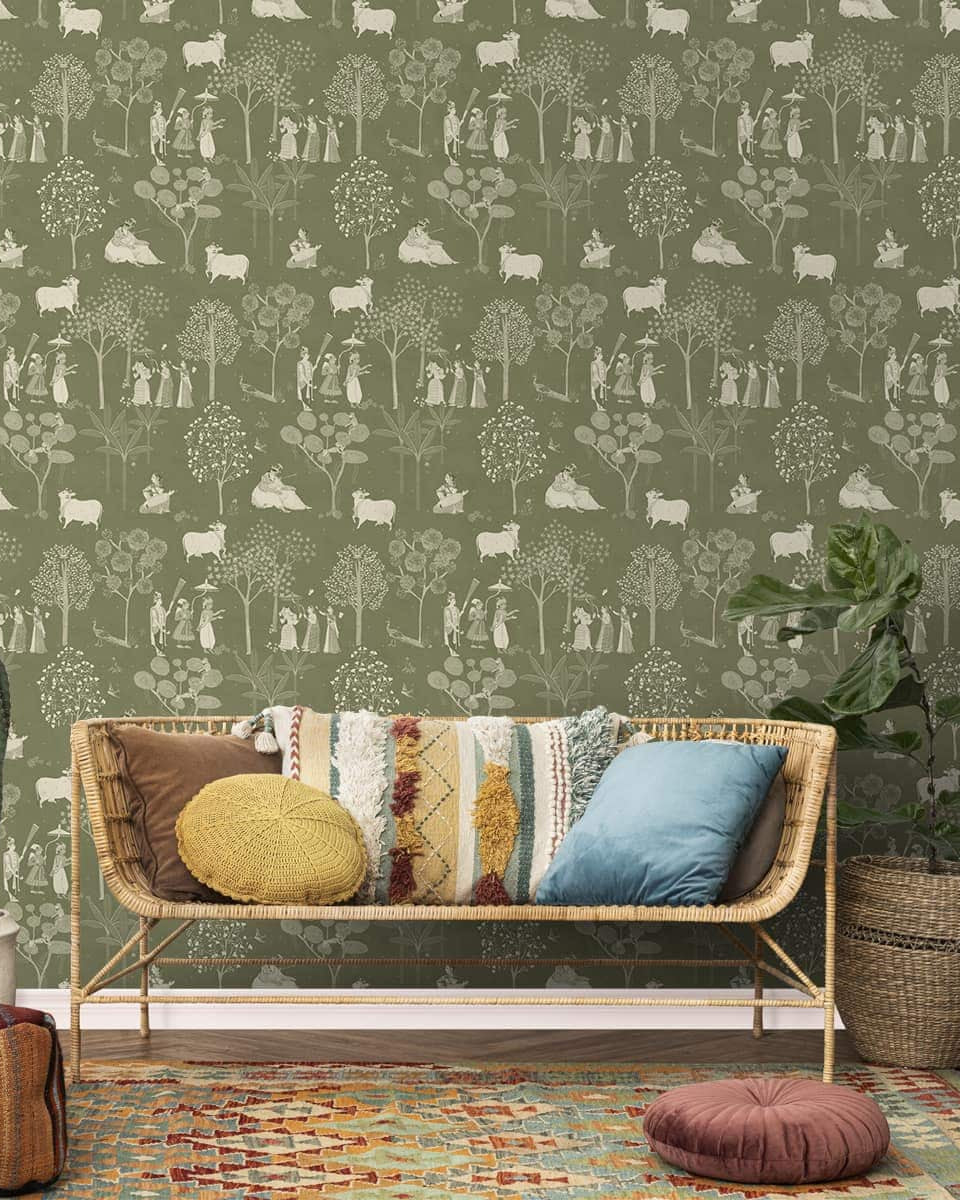Sangam Radha Krishna Wallpaper in Olive Color - Marble Lotus - Sangam: Radha Krishna's Serene Moments, Olive