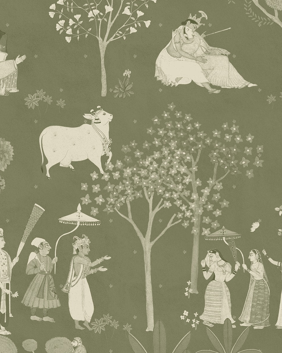 Sangam Radha Krishna Wallpaper in Olive Color - Marble Lotus - Sangam: Radha Krishna's Serene Moments, Olive