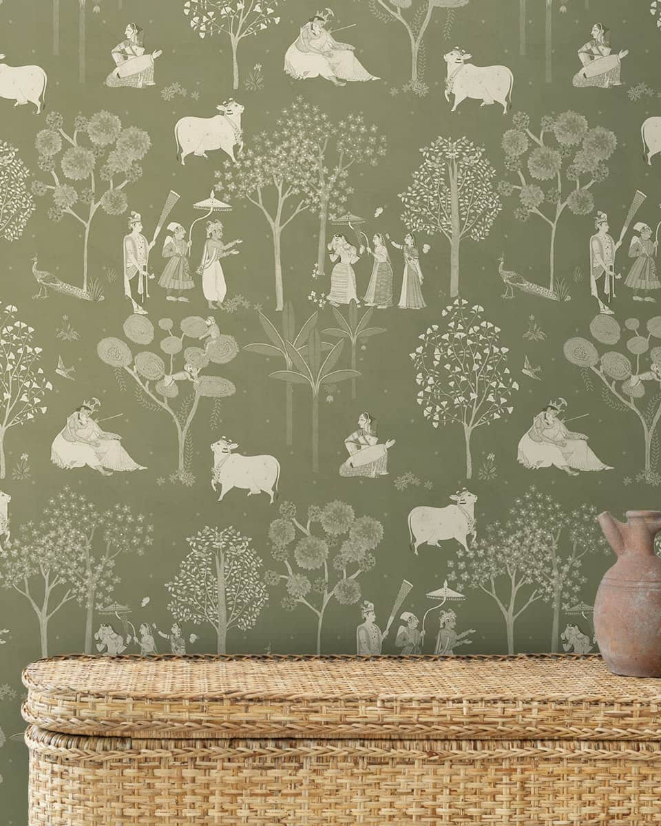 Sangam Radha Krishna Wallpaper in Olive Color - Marble Lotus - Sangam: Radha Krishna's Serene Moments, Olive