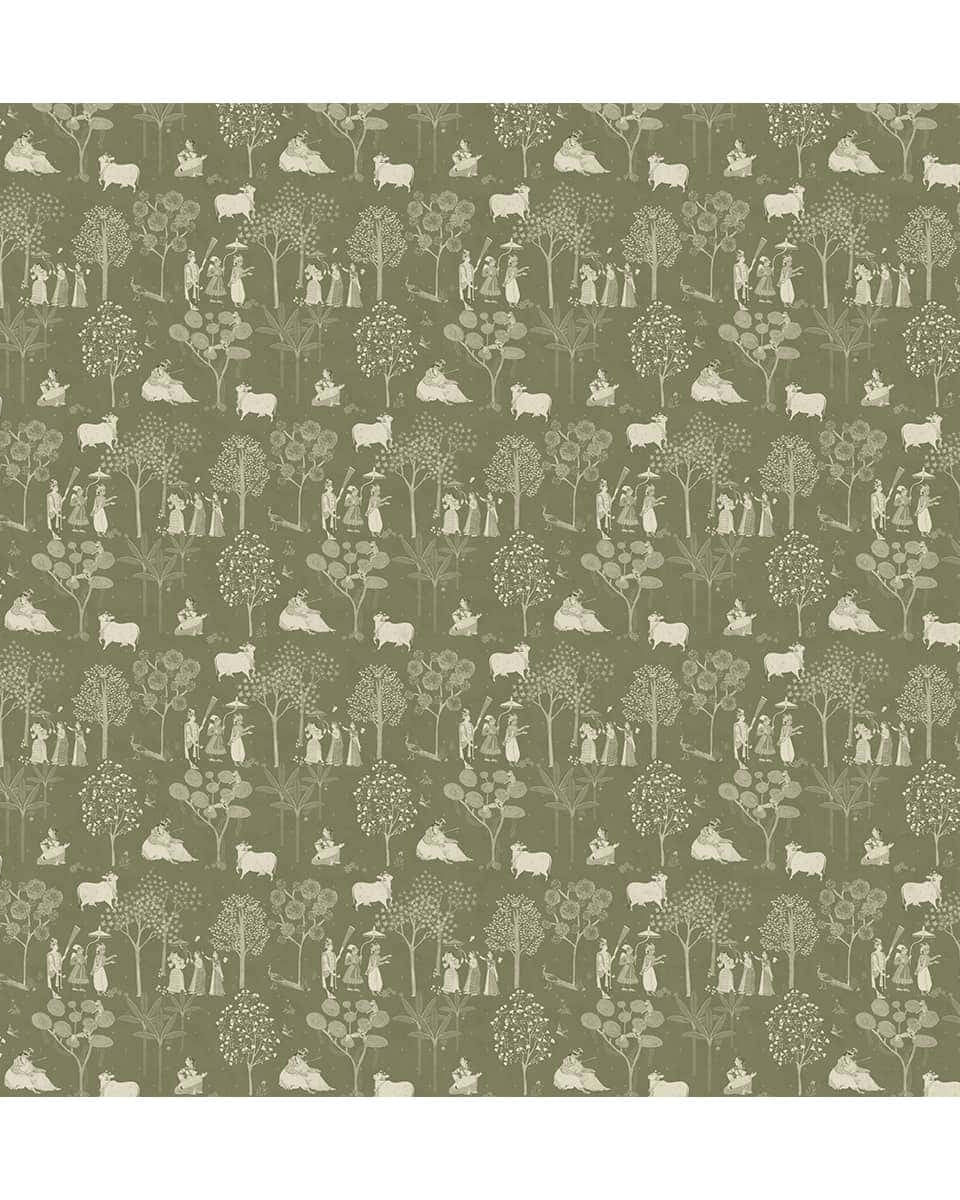 Sangam Radha Krishna Wallpaper in Olive Color - Marble Lotus - Sangam: Radha Krishna's Serene Moments, Olive