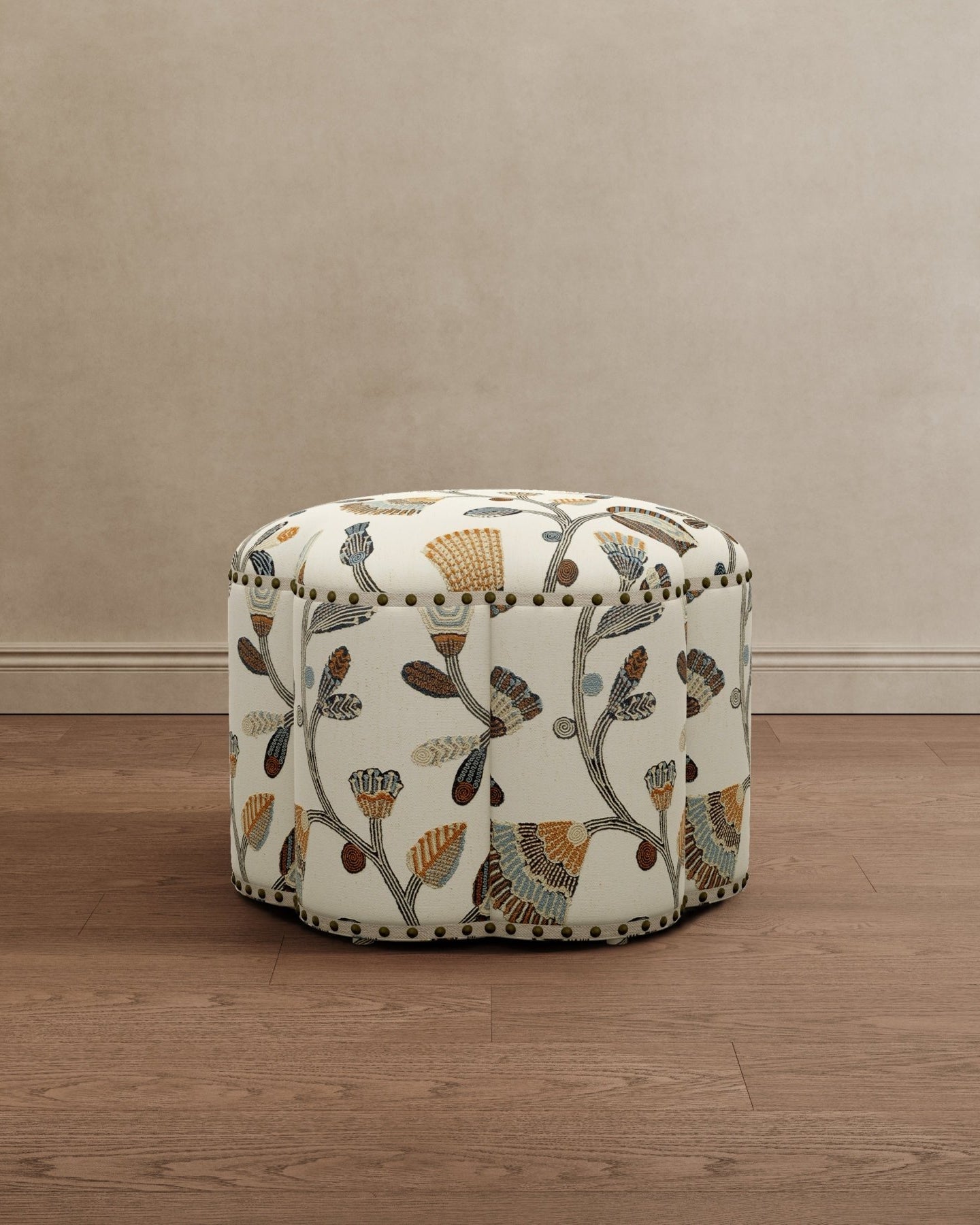 Scalloped Lotus Ottoman Floral Embroidered - Marble Lotus - Scalloped Lotus Ottoman Floral Embroidered
