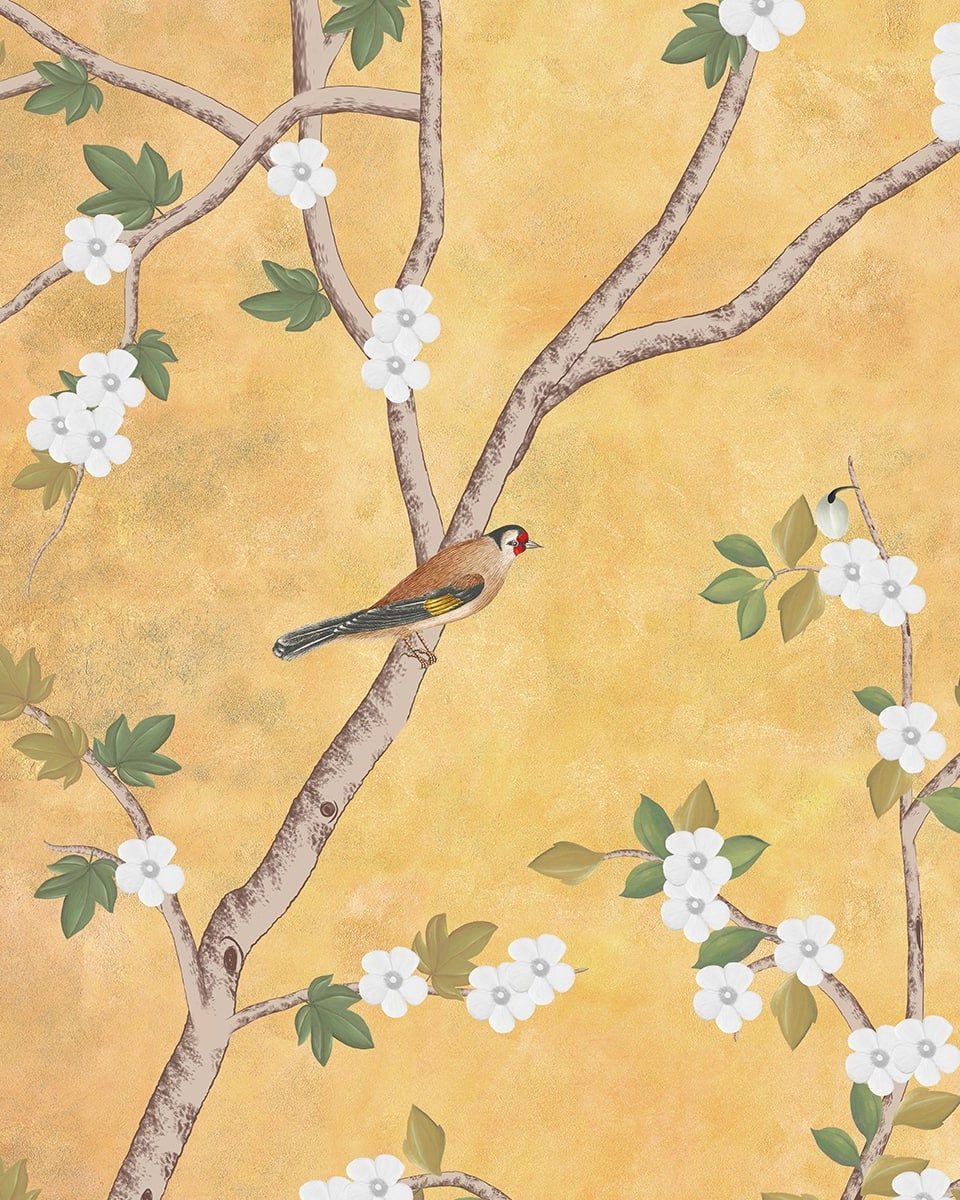 Sunset Serenade, Golden Chinoiserie Wallpaper Design - Marble Lotus - Sunset Serenade, Golden Chinoiserie Wallpaper Design