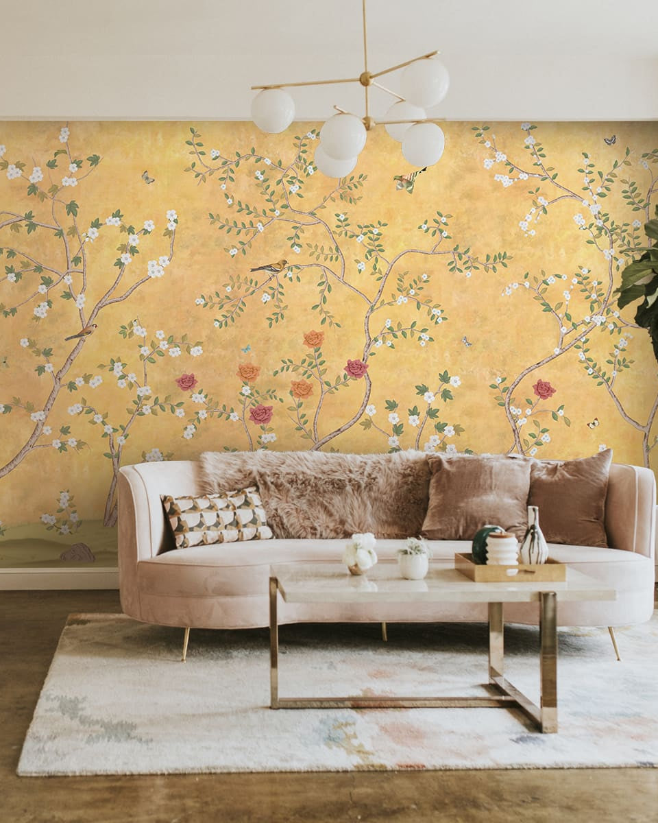 Sunset Serenade, Golden Chinoiserie Wallpaper Design - Marble Lotus - Sunset Serenade, Golden Chinoiserie Wallpaper Design
