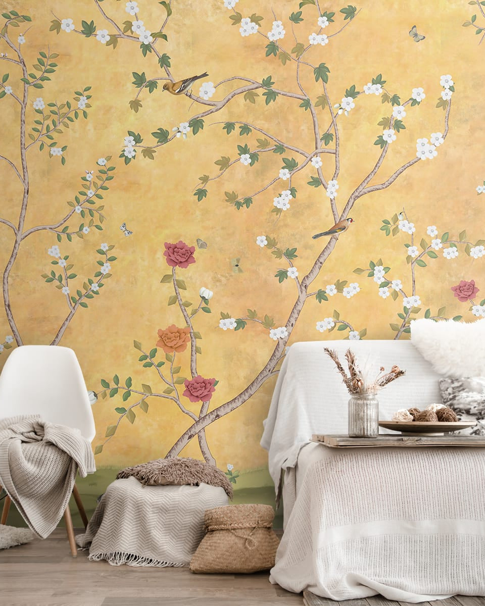 Sunset Serenade, Golden Chinoiserie Wallpaper Design - Marble Lotus - Sunset Serenade, Golden Chinoiserie Wallpaper Design
