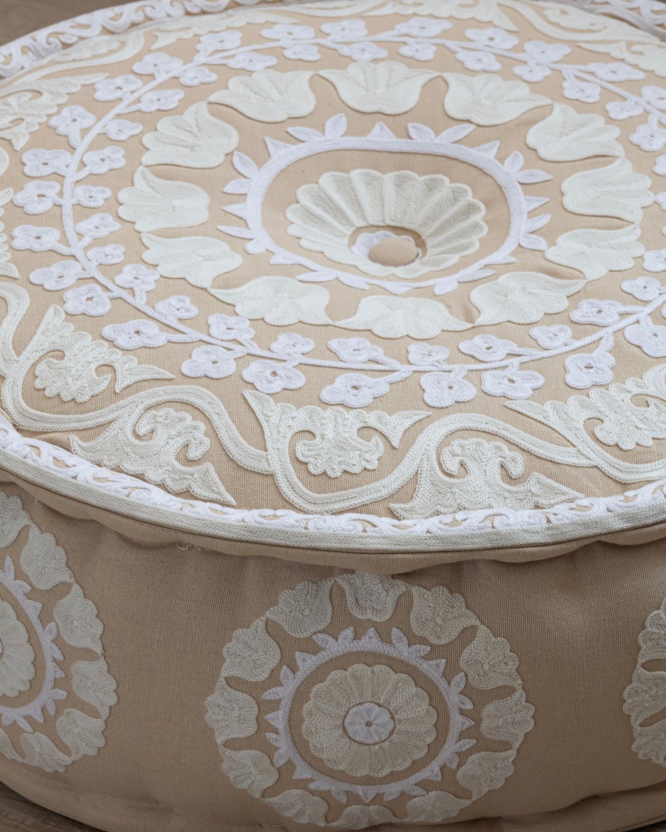 Suzani Pouf Ivory Flora - Marble Lotus - Suzani Ottoman | Meditation Pouf | Stackable Pouf | White | Handmade