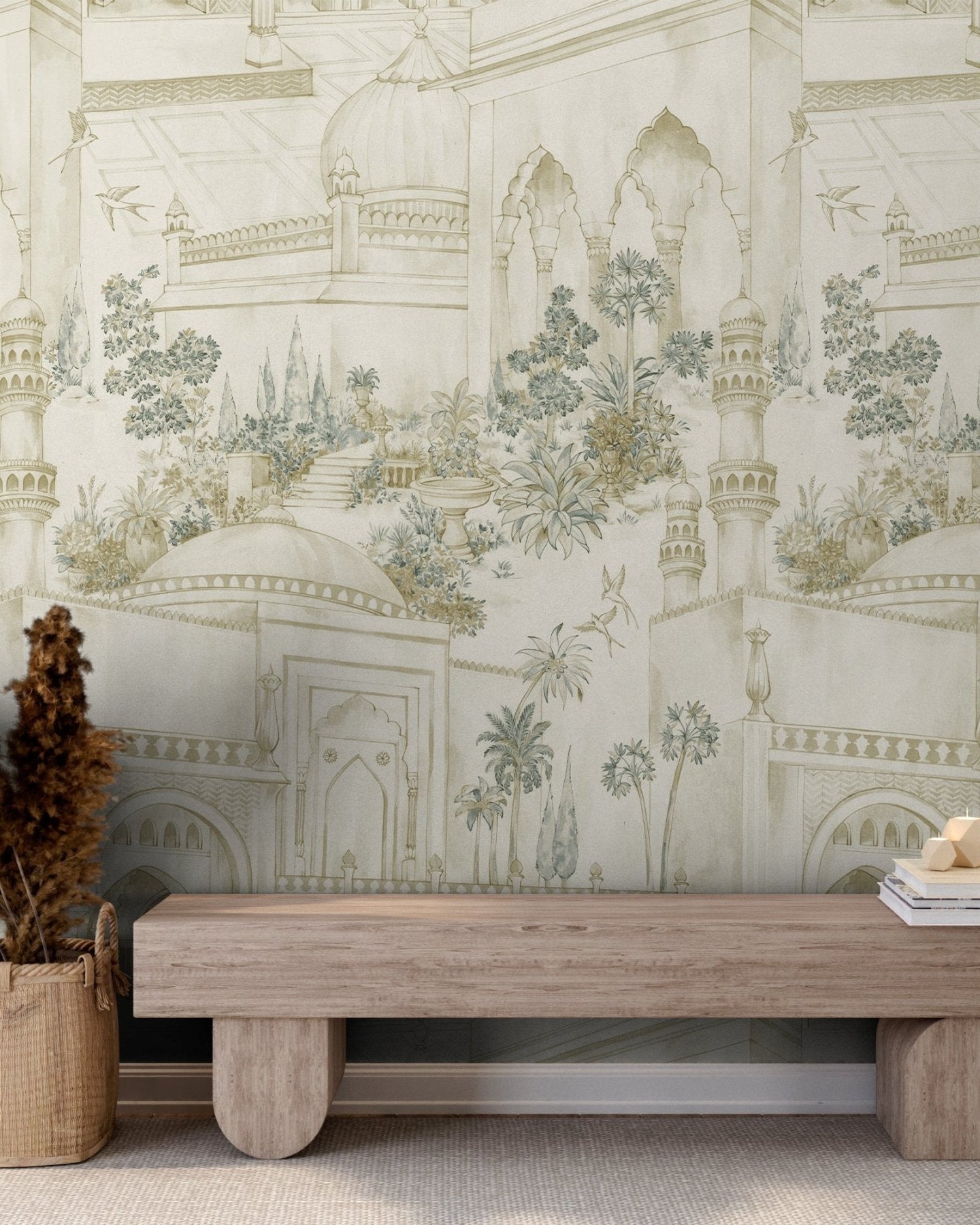 TAJ Gardens - Ochre Yellow - Marble Lotus - Wooden bench in front of decorative wall paper with architectural and floral design.