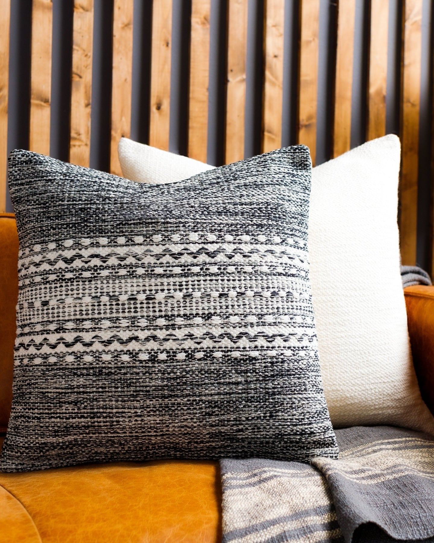 Textured Black Handwoven Pure Cotton Pillow - Marble Lotus - Textured Black Handwoven Pure Cotton Pillow