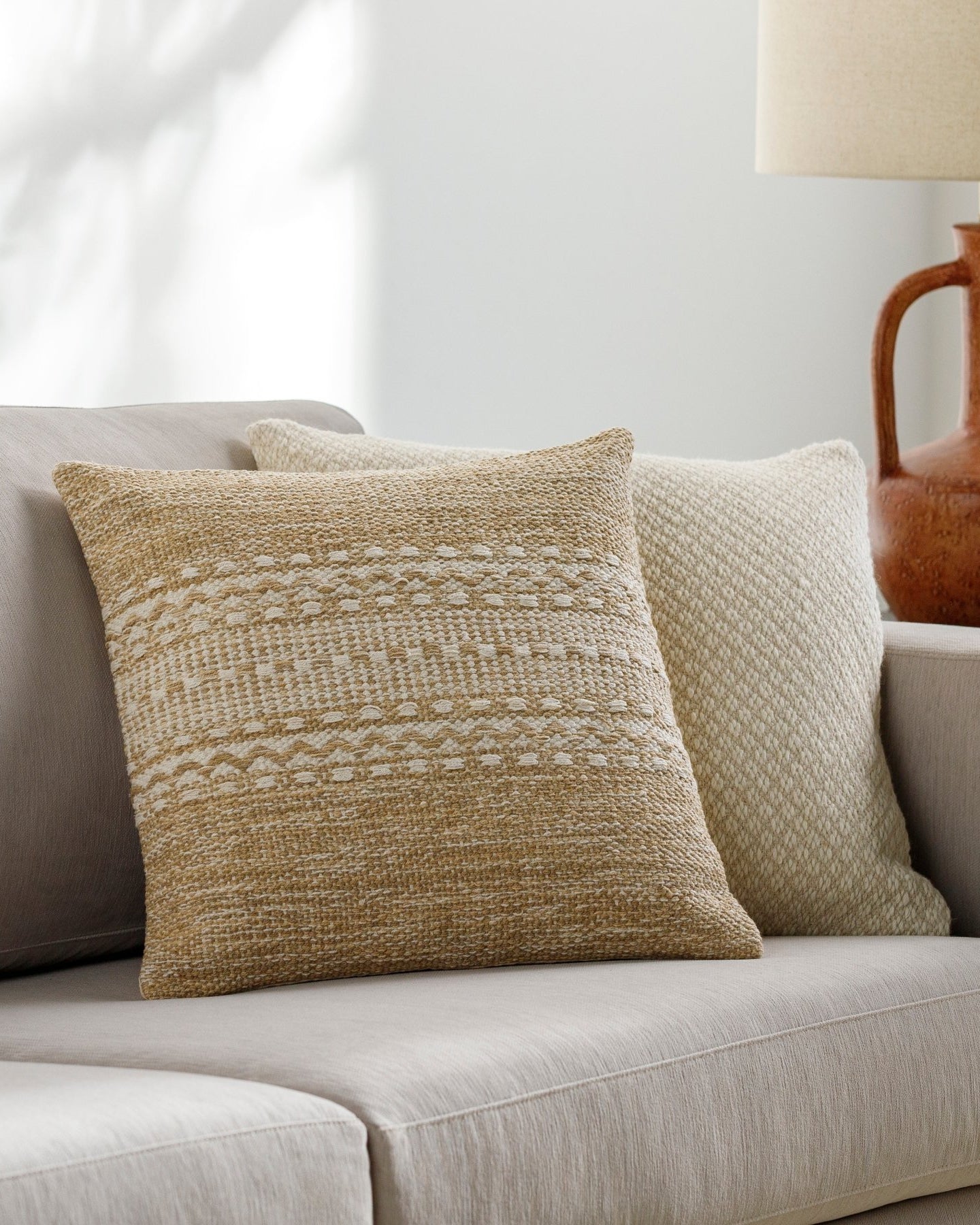 Textured Khaki Handwoven Pure Cotton Pillow - Marble Lotus - Textured Khaki Handwoven Pure Cotton Pillow