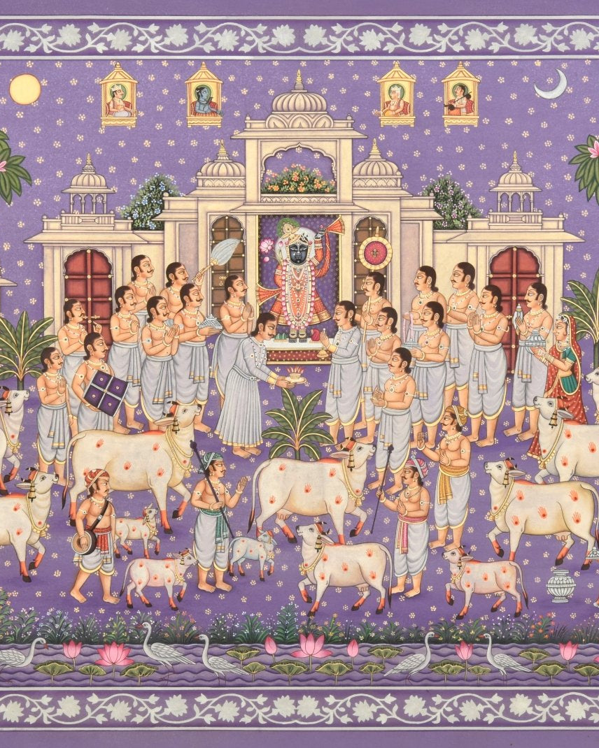 The Lavender Court - Marble Lotus - Vrindavan at Dusk - Marble Lotus - Pichwai Painting of Lord Krishna with Cows and Gopis | Vrindavan at Dusk | Indian Art
