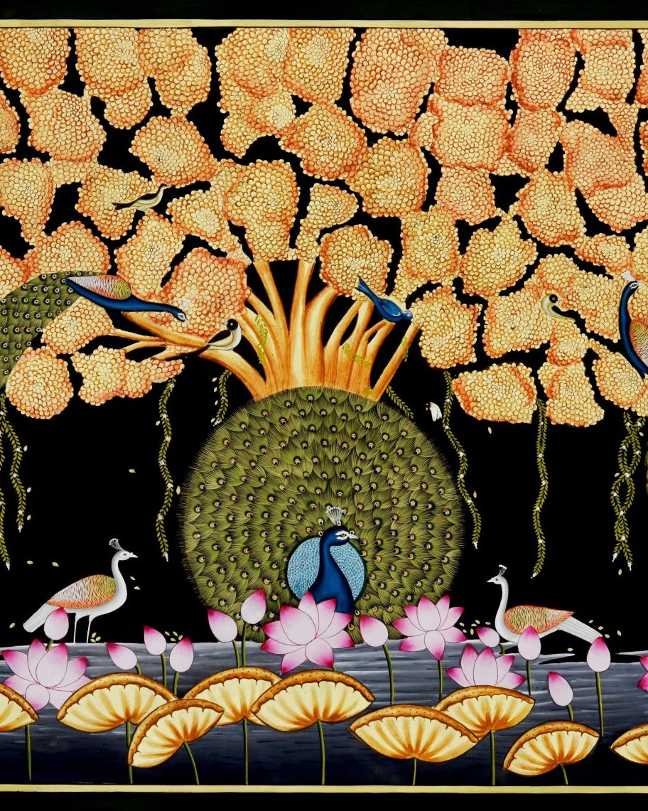 The Peacock Grove - Marble Lotus - The Peacock Grove - Marble Lotus - Pichwai Painting with Peacocks and Lotus Pond | The Peacock Grove | Indian Art