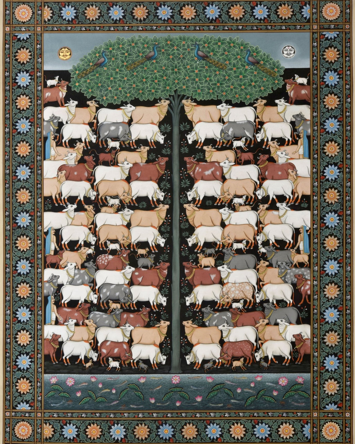 The Sacred Herd - Marble Lotus - The Sacred Herd - Marble Lotus - Pichwai Painting of Cows with Ornamental Floral Motifs | The Sacred Herd | Indian Art