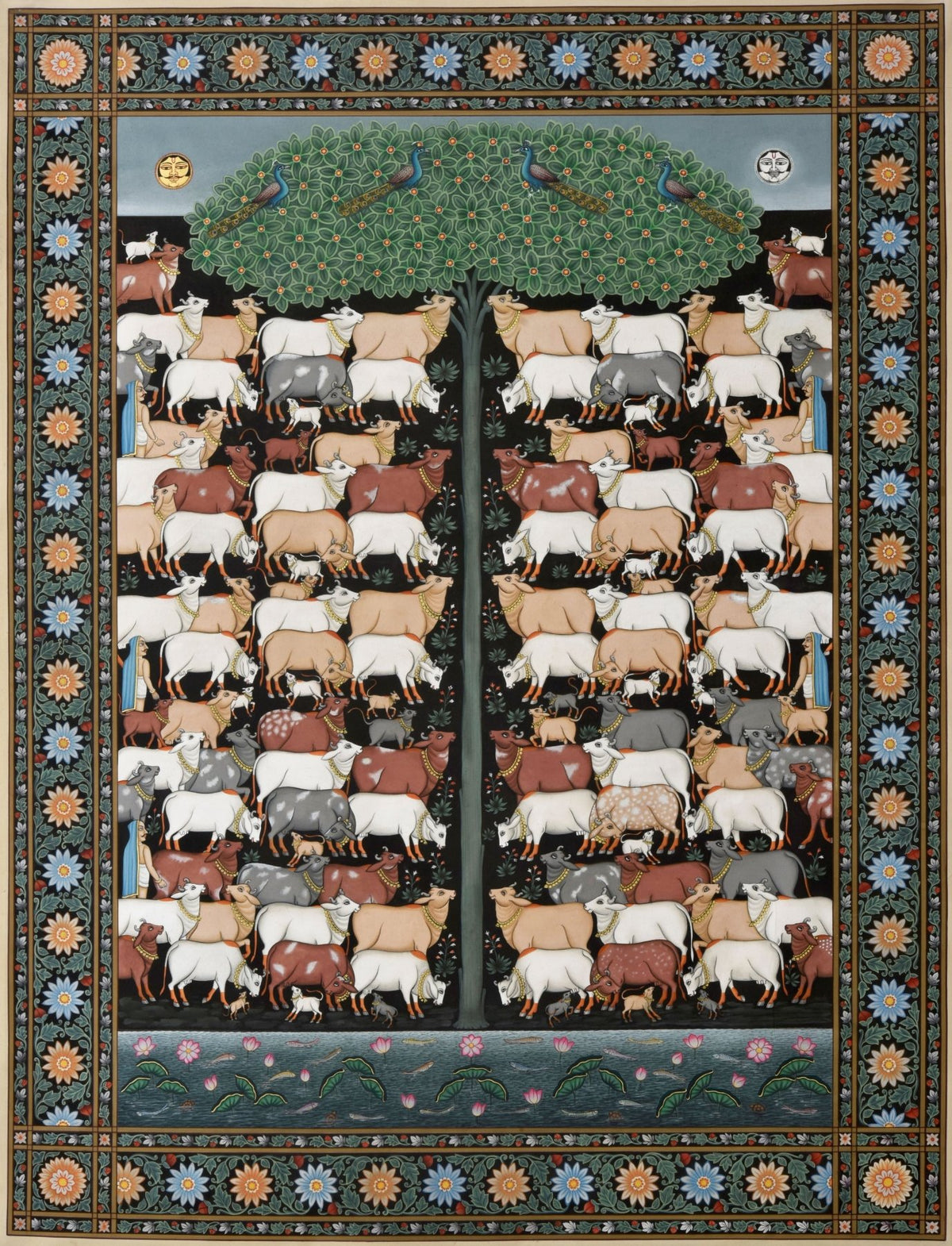 The Sacred Herd - Marble Lotus - The Sacred Herd - Marble Lotus - Pichwai Painting of Cows with Ornamental Floral Motifs | The Sacred Herd | Indian Art
