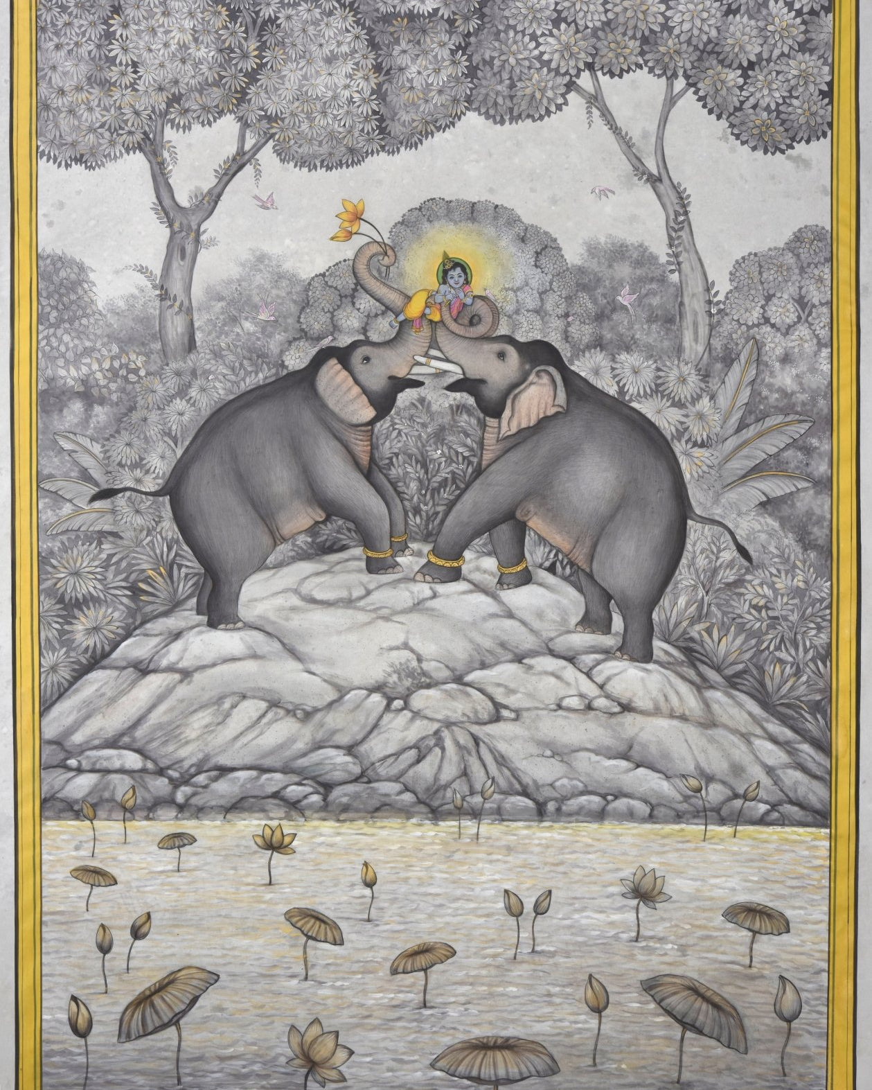 Two Elephants Playing with Lord Krishna - Marble Lotus - Pichwai Painting | Two Elephants Playing with Lord Krishna | Indian Art