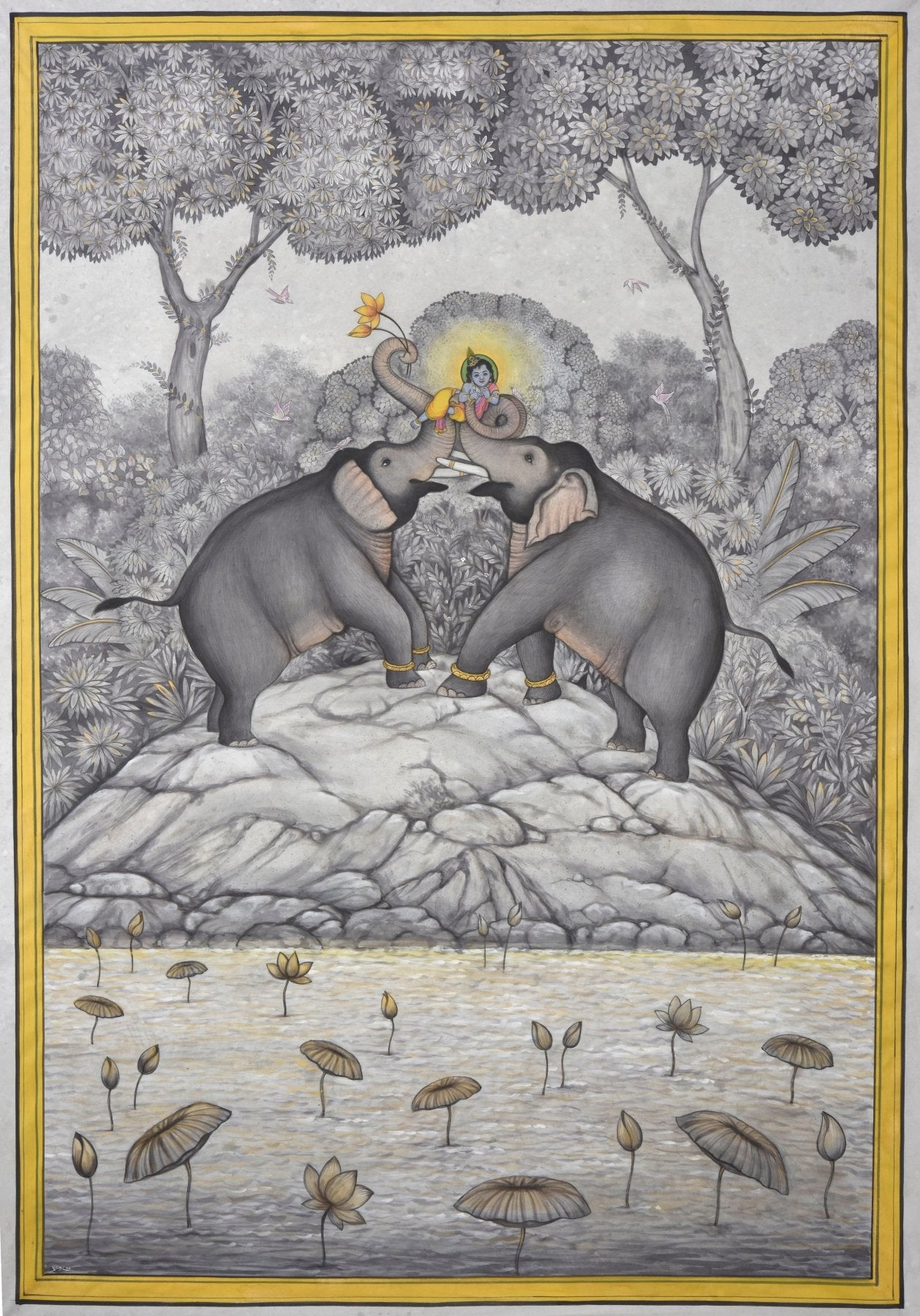 Two Elephants Playing with Lord Krishna - Marble Lotus - Pichwai Painting | Two Elephants Playing with Lord Krishna | Indian Art