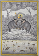 Two Elephants Playing with Lord Krishna - Marble Lotus - Pichwai Painting | Two Elephants Playing with Lord Krishna | Indian Art