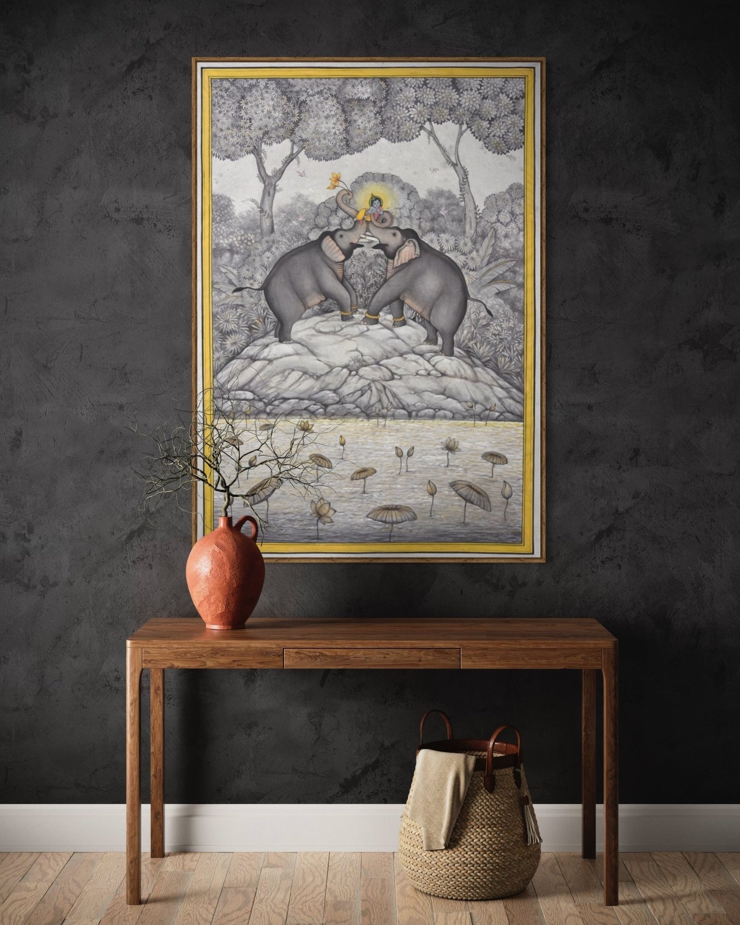 Two Elephants Playing with Lord Krishna - Marble Lotus - Pichwai Painting | Two Elephants Playing with Lord Krishna | Modern Home