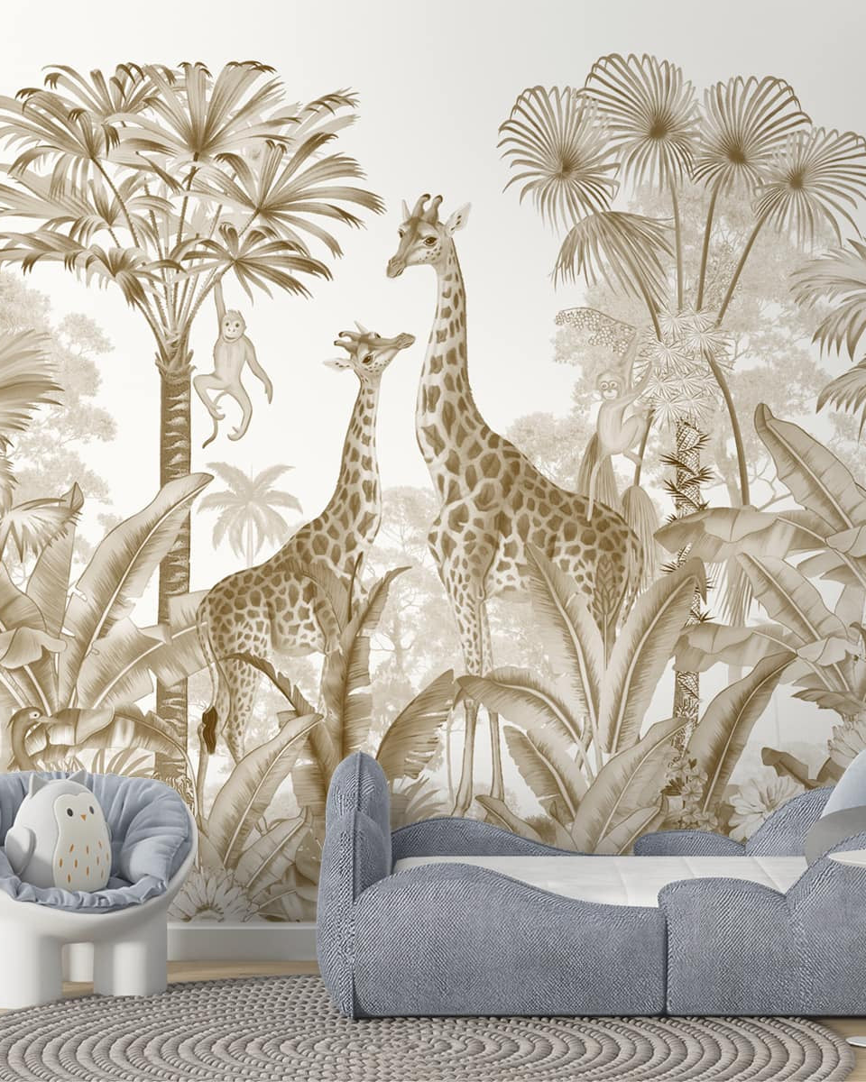 Van, Beautiful Vintage Jungle Theme Kids Wallpaper, Customised - Marble Lotus - Van, Beautiful Vintage Jungle Theme Kids Wallpaper, Customised