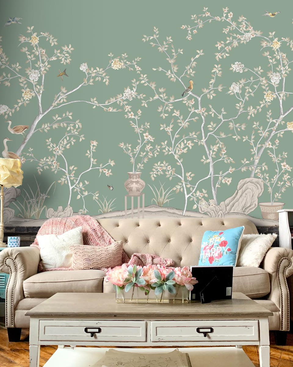 Verde Elegance, Customised Chinoiserie Wallpaper - Marble Lotus - Verde Elegance, Customised Chinoiserie Wallpaper