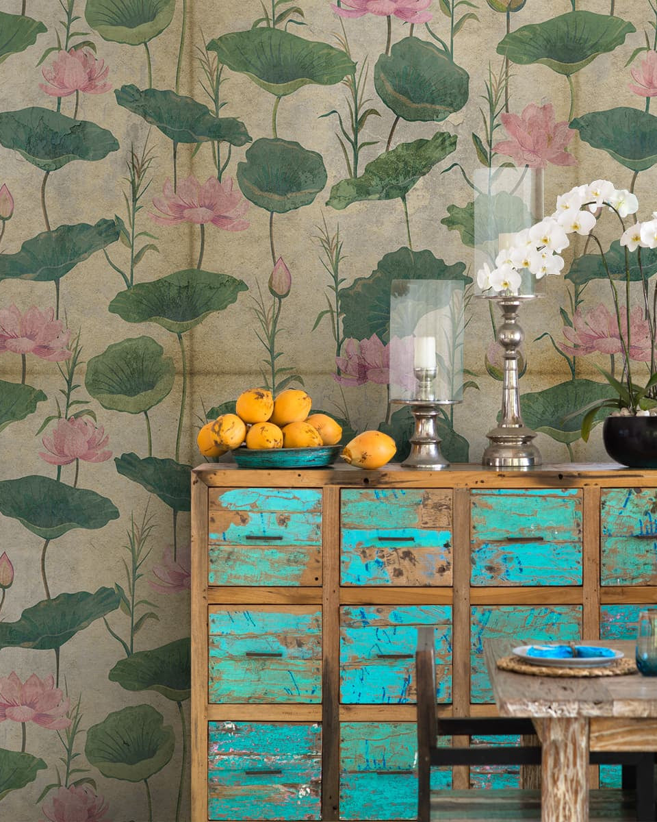 Vintage Lotuses, A Rustic Theme Room Wallpaper - Marble Lotus - Vintage Lotuses, A Rustic Theme Room Wallpaper