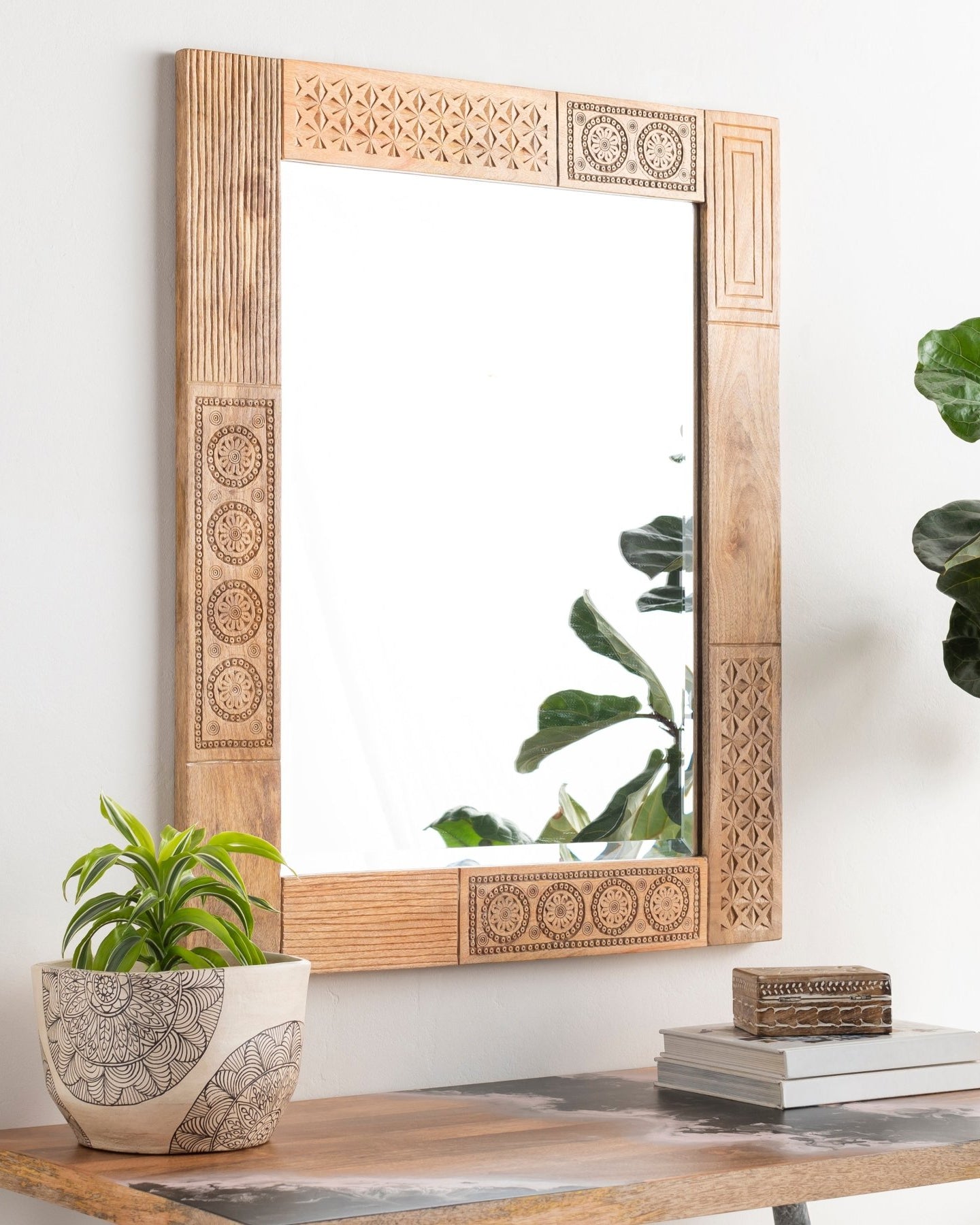 Vintage Wooden Heritage Mirror - Marble Lotus - Vintage Wooden Heritage Mirror