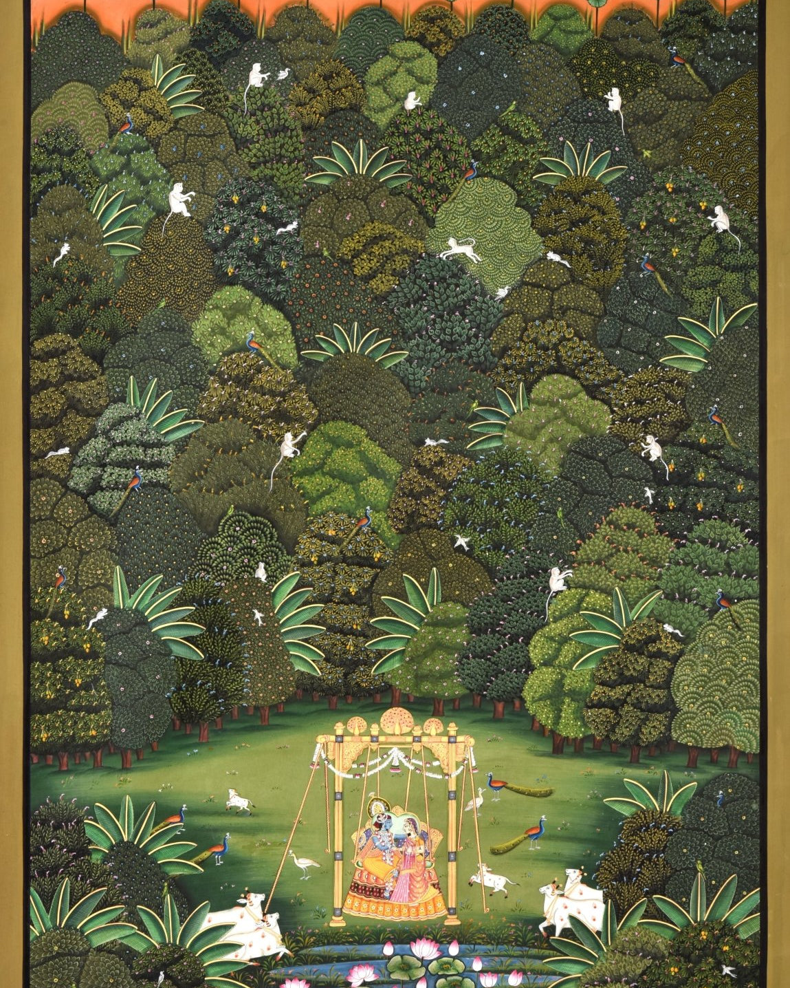 Whispers of Vrindavan - Marble Lotus - Whispers of Vrindavan - Marble Lotus - Vertical Pichwai Painting with Lord Krishna in a Forest | Whispers of Vrindavan | Indian Art