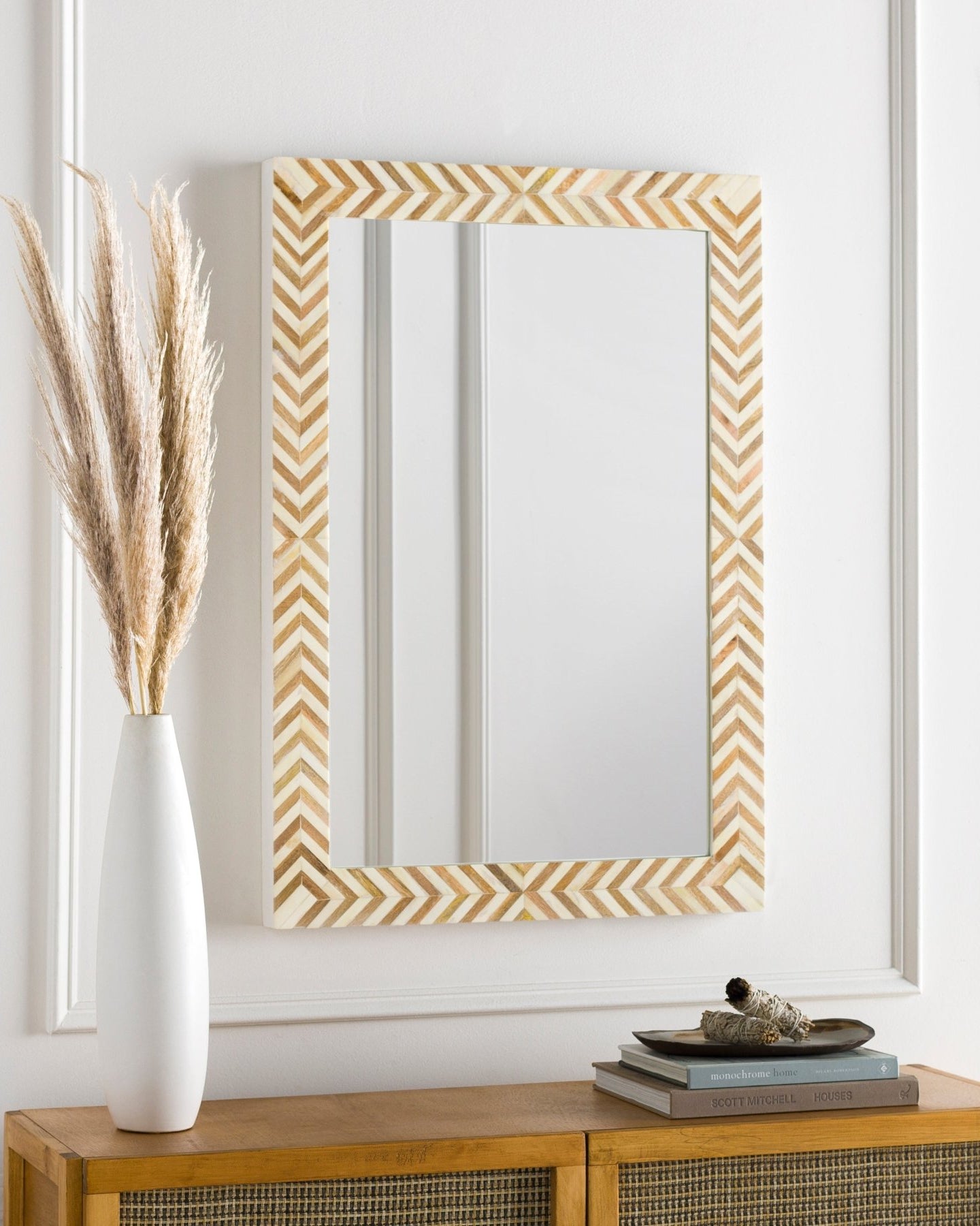 Wood Bone Inlay Floor Mirror - Marble Lotus - Bone Inlay Right Angled Mirror