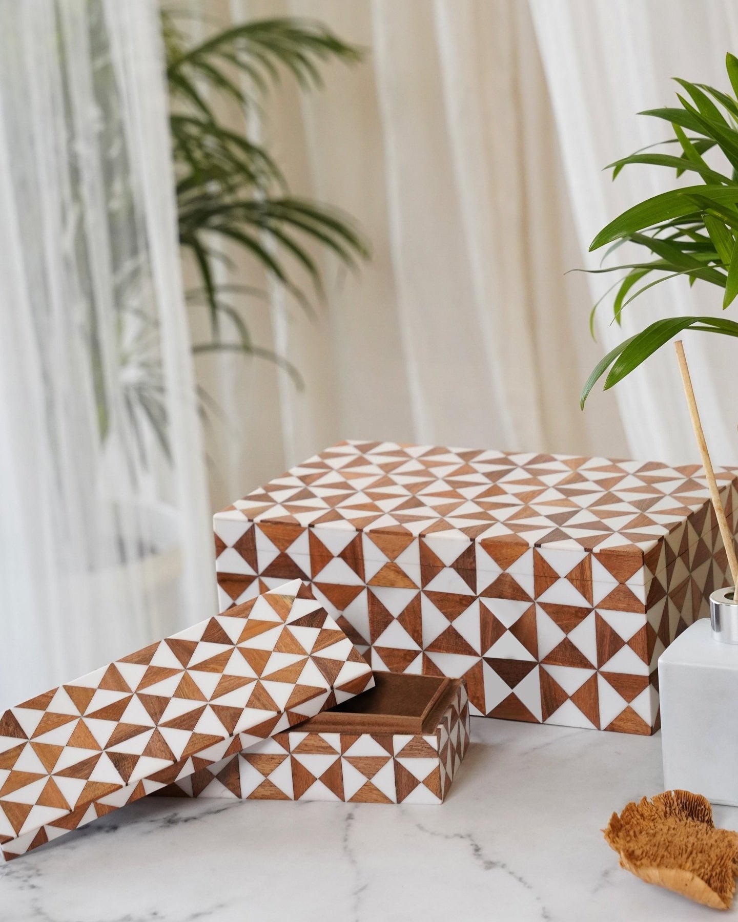 Wooden Inlay Box (Set of 2) - Marble Lotus - Wooden Inlay Box Set of 2
