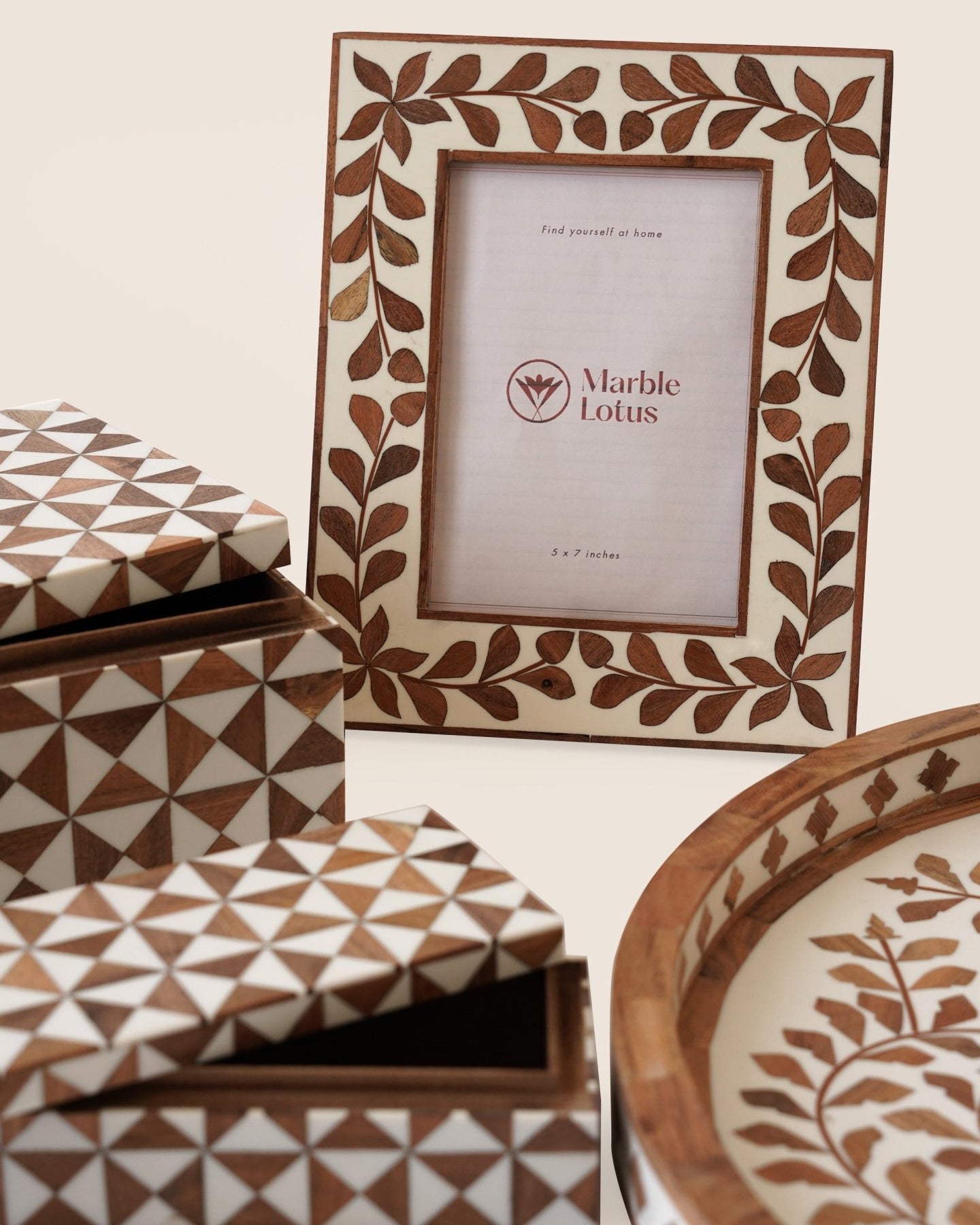 Wooden Inlay Box (Set of 2) - Marble Lotus - Wooden Inlay Box Set of 2