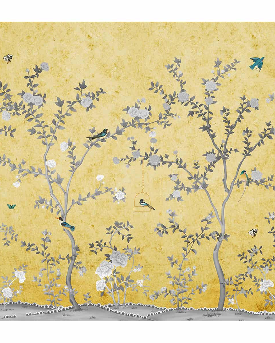 Yellow Aura in the Garden, Luxury Chinoiserie Wallcovering - Marble Lotus - Yellow Aura in the Garden, Chinoiserie Wallcovering
