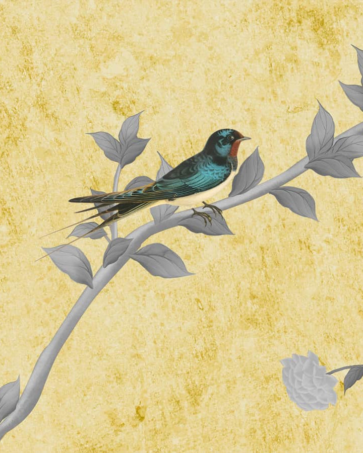 Yellow Aura in the Garden, Luxury Chinoiserie Wallcovering - Marble Lotus - Yellow Aura in the Garden, Chinoiserie Wallcovering