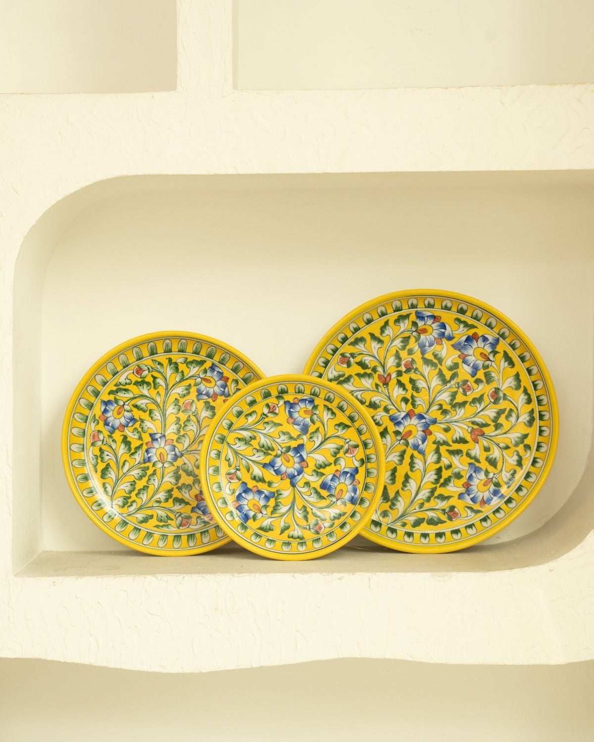 Yellow Floral Jaipur Pottery Wall Plate 12" - Marble Lotus - Yellow Floral Jaipur Pottery Wall Plate 12" - Marble Lotus