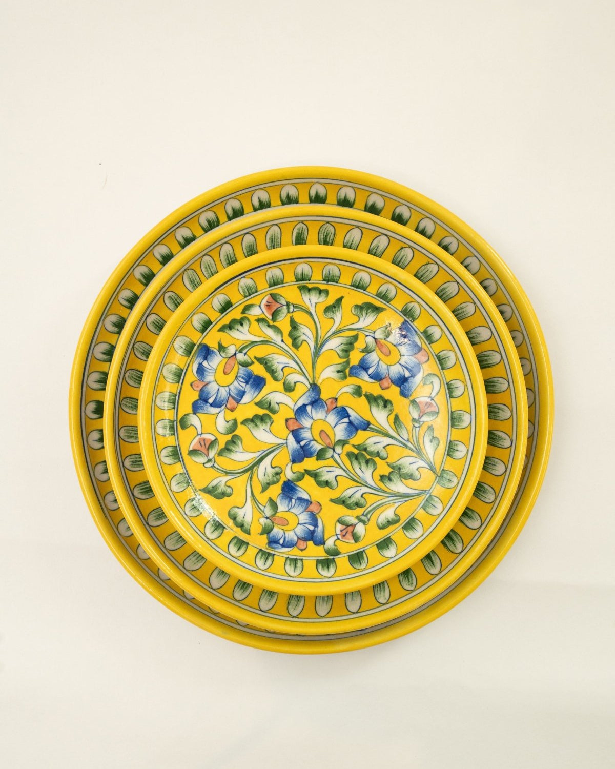 Yellow Floral Jaipur Pottery Wall Plate 12" - Marble Lotus - Yellow Floral Jaipur Pottery Wall Plate 12" - Marble Lotus
