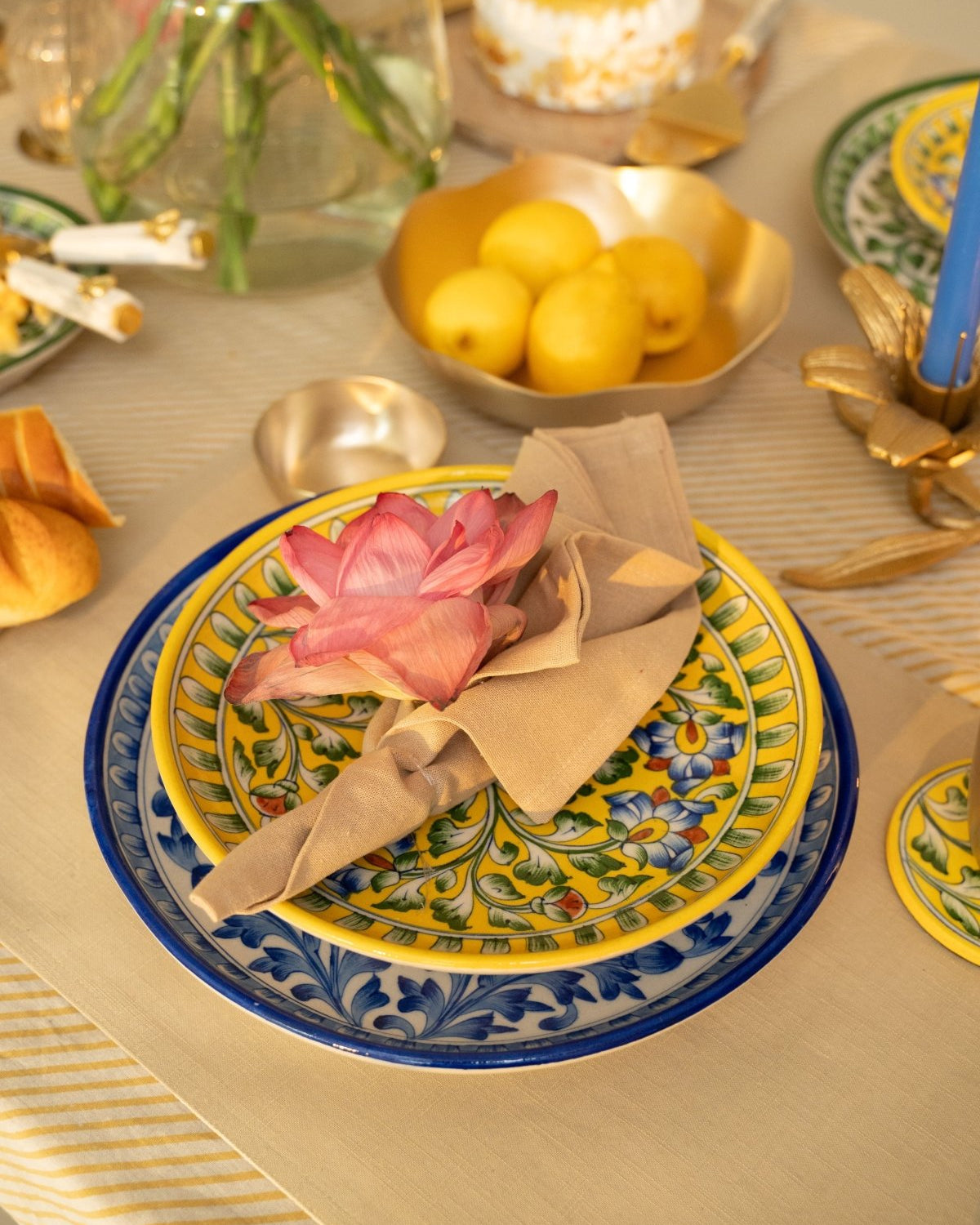 Yellow Floral Jaipur Pottery Wall Plate 12" - Marble Lotus - Yellow Floral Jaipur Pottery Wall Plate 12" - Marble Lotus