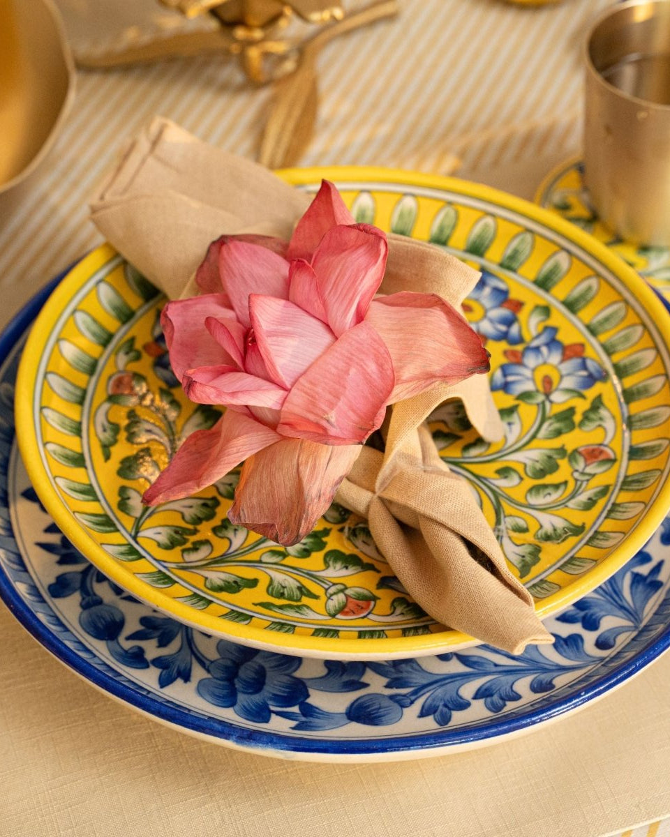 Yellow Floral Jaipur Pottery Wall Plate 8" - Marble Lotus - Yellow Floral Jaipur Pottery Wall Plate 8" - Marble Lotus