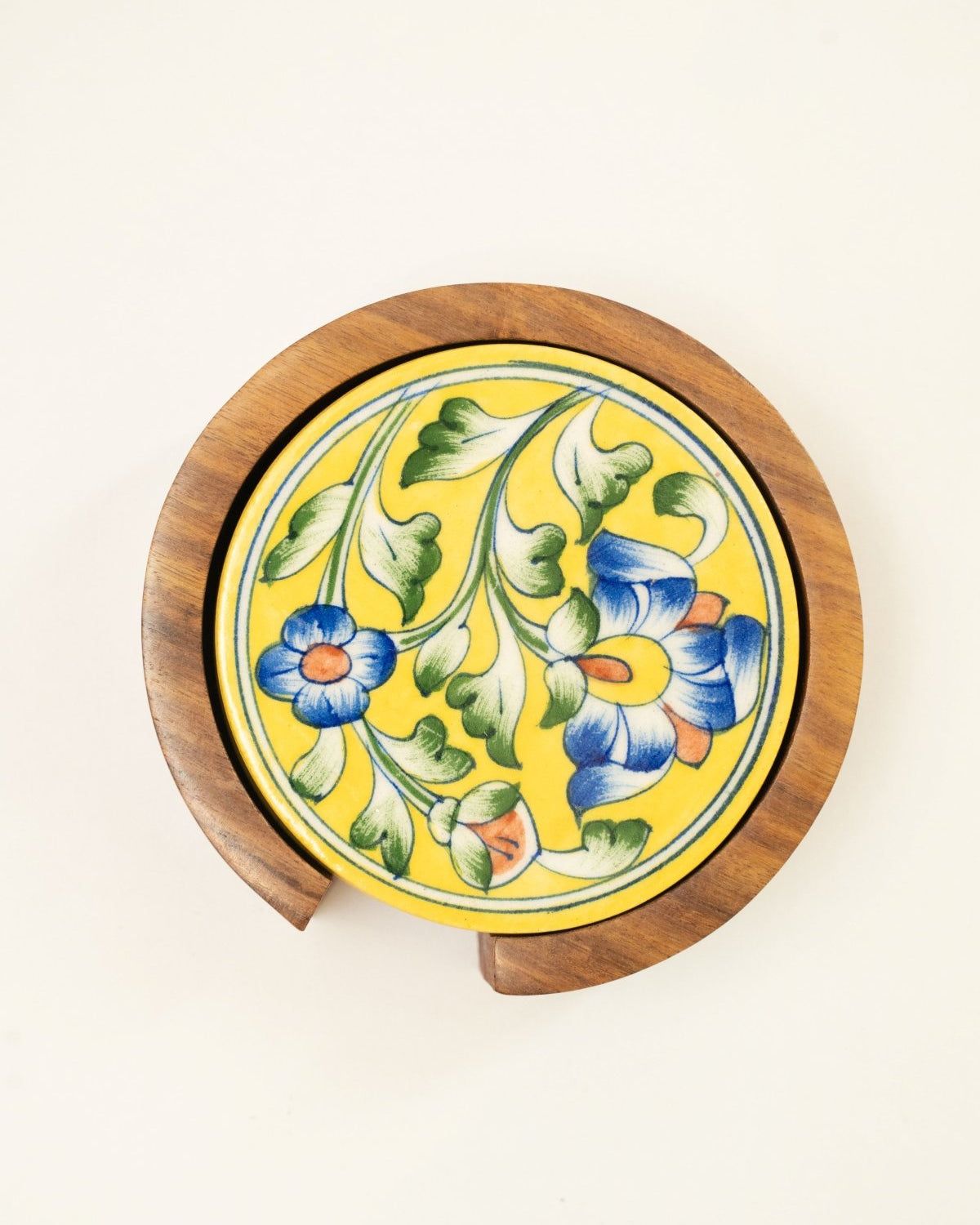 Yellow Jaipur Pottery Coasters - Set of 4 in Wooden Case - Marble Lotus - Yellow Jaipur Pottery Coasters - Set of 4 in Wooden Case - Marble Lotus