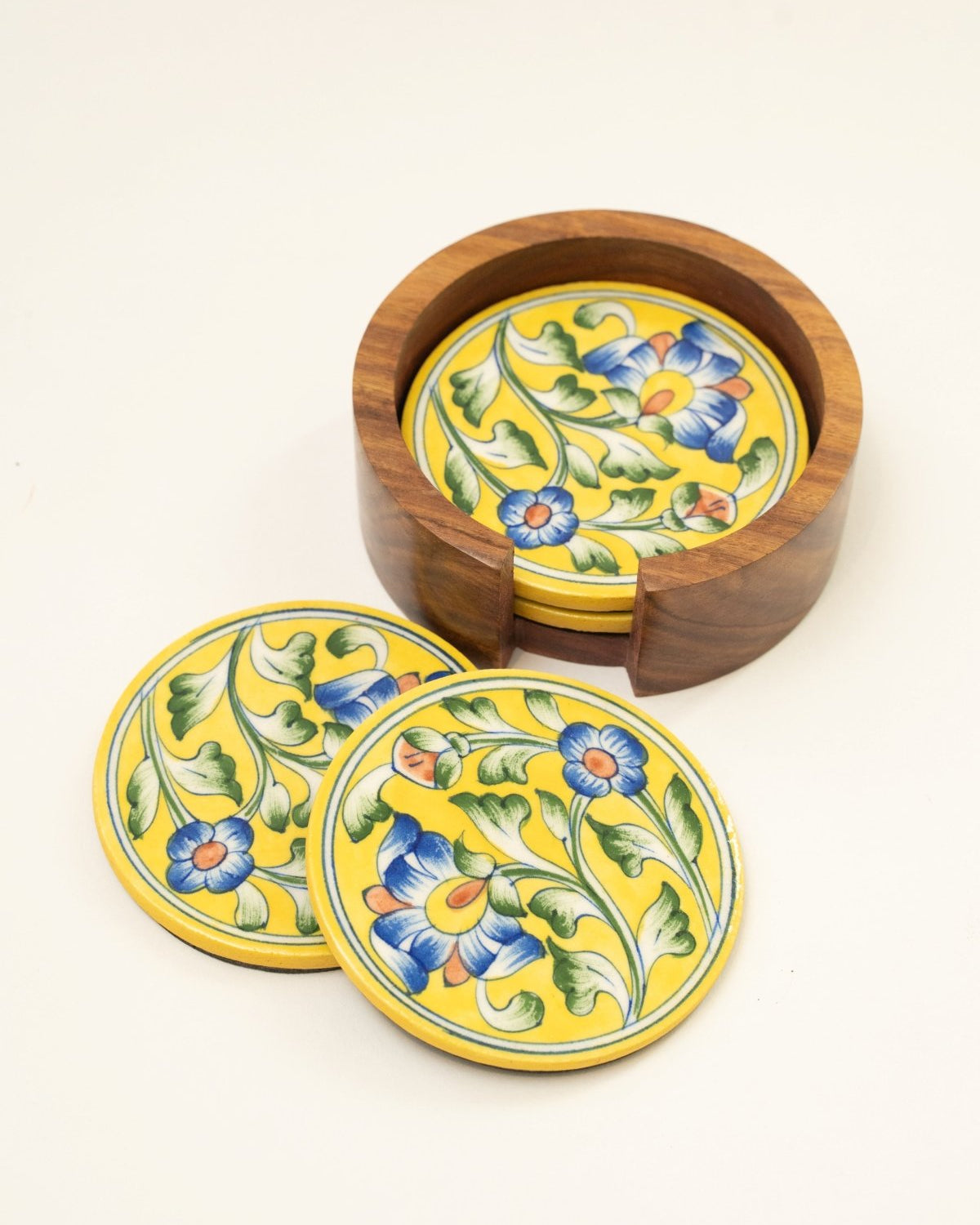 Yellow Jaipur Pottery Coasters - Set of 4 in Wooden Case - Marble Lotus - Yellow Jaipur Pottery Coasters - Set of 4 in Wooden Case - Marble Lotus