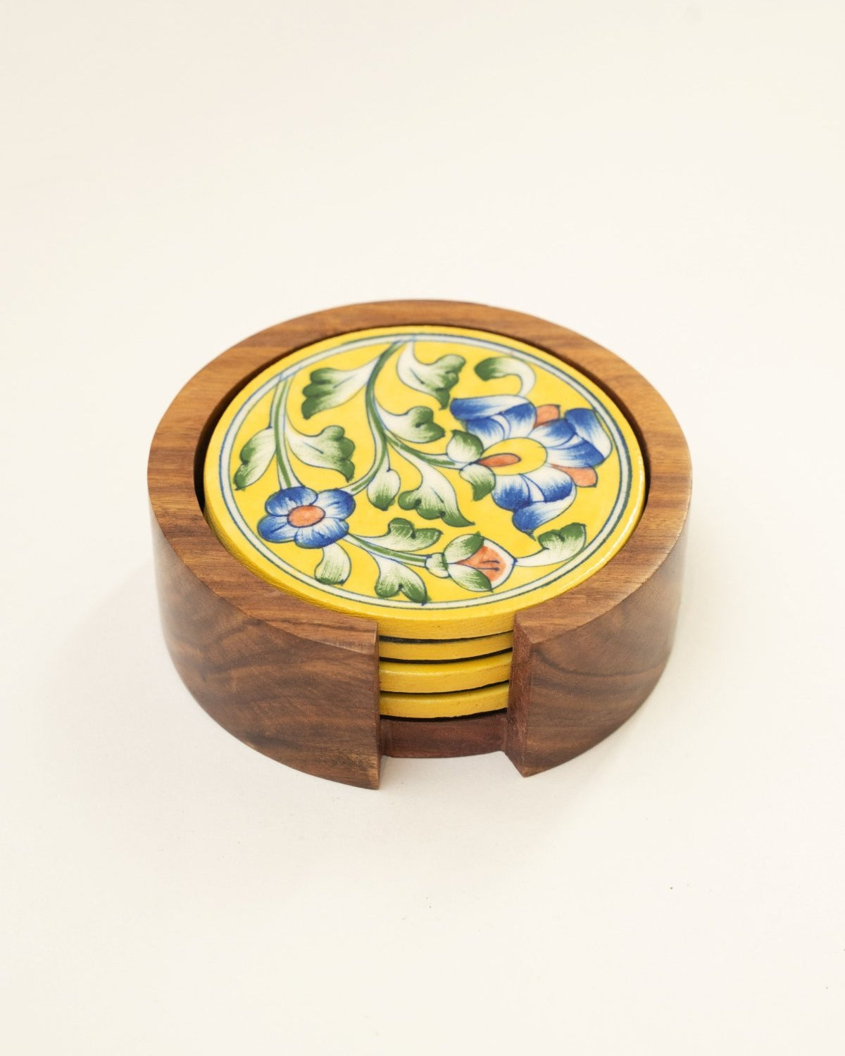 Yellow Jaipur Pottery Coasters - Set of 4 in Wooden Case - Marble Lotus - Yellow Jaipur Pottery Coasters - Set of 4 in Wooden Case - Marble Lotus