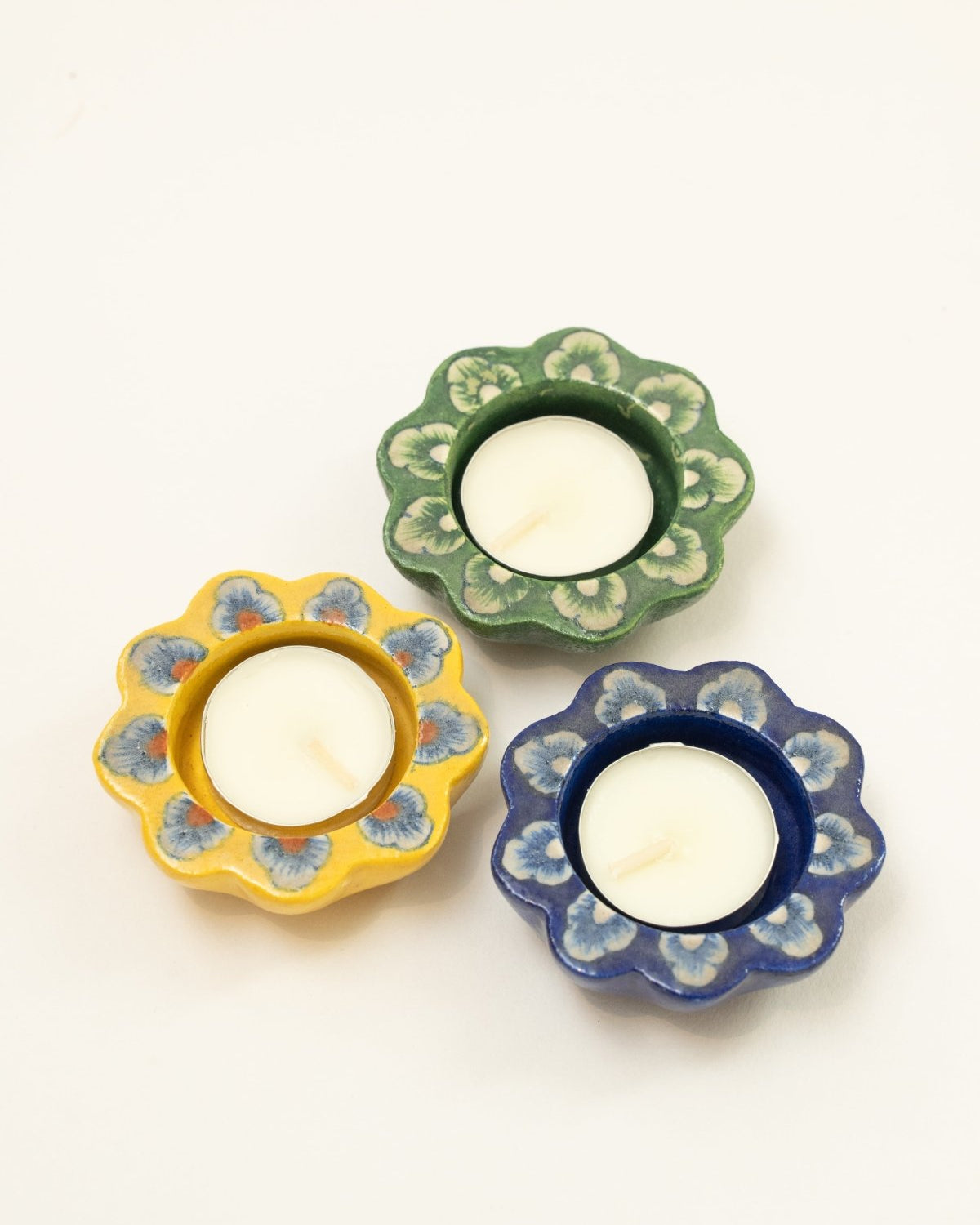 Yellow Jaipur Pottery Diya (Set of 2) - Marble Lotus - Yellow Jaipur Pottery Diya (Set of 2) - Marble Lotus