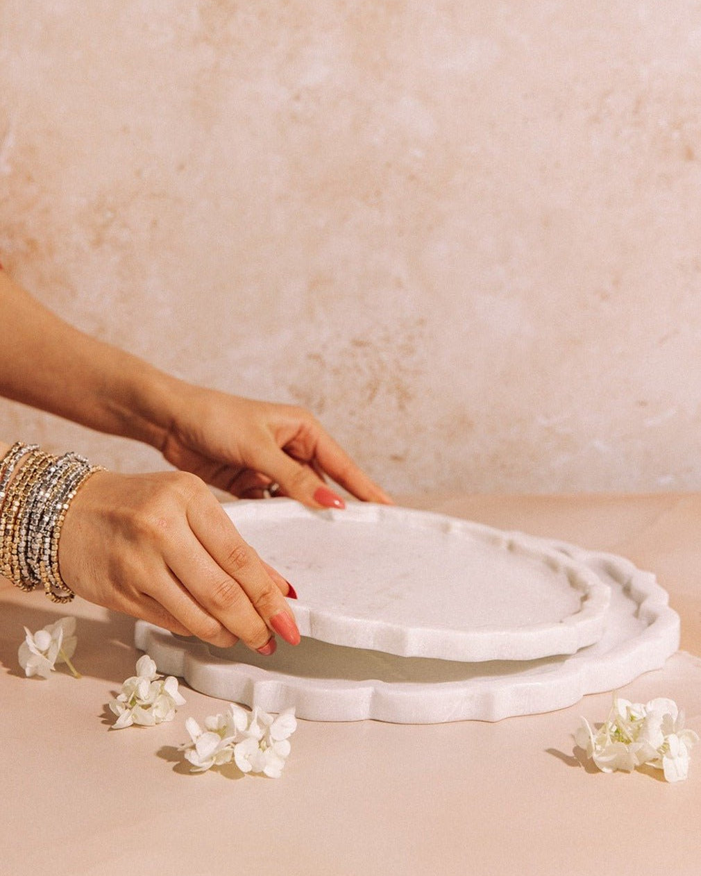 Namesake White Marble Decorative Tray - Marble Lotus - 2 Marble decorative tray hold with hands