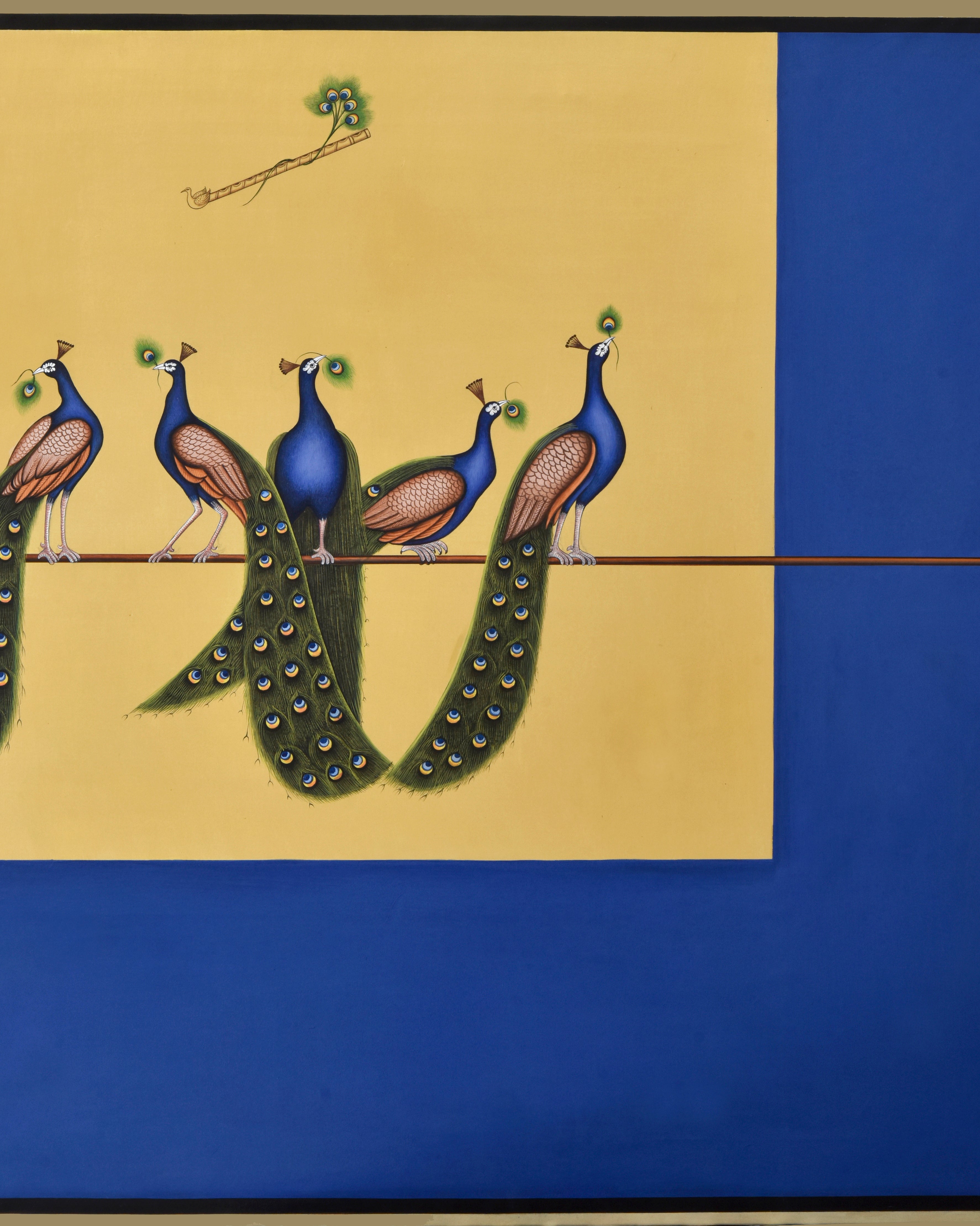 Pichwai Painting | Abstract Peacocks and Krishna's Flute - Royal Blue | Indian Art