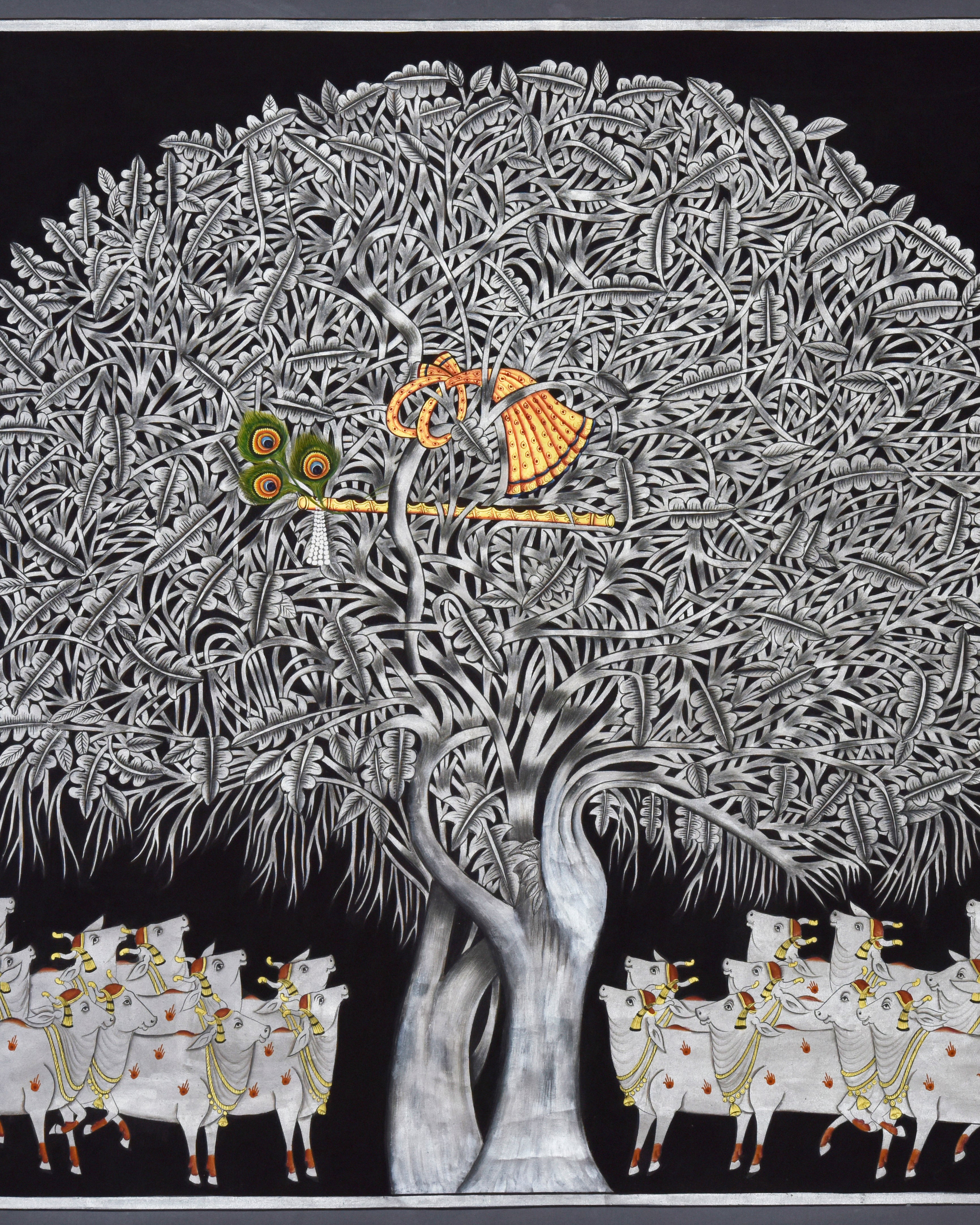 Pichwai Painting | Tree of Life - Black and Silver | Indian Art