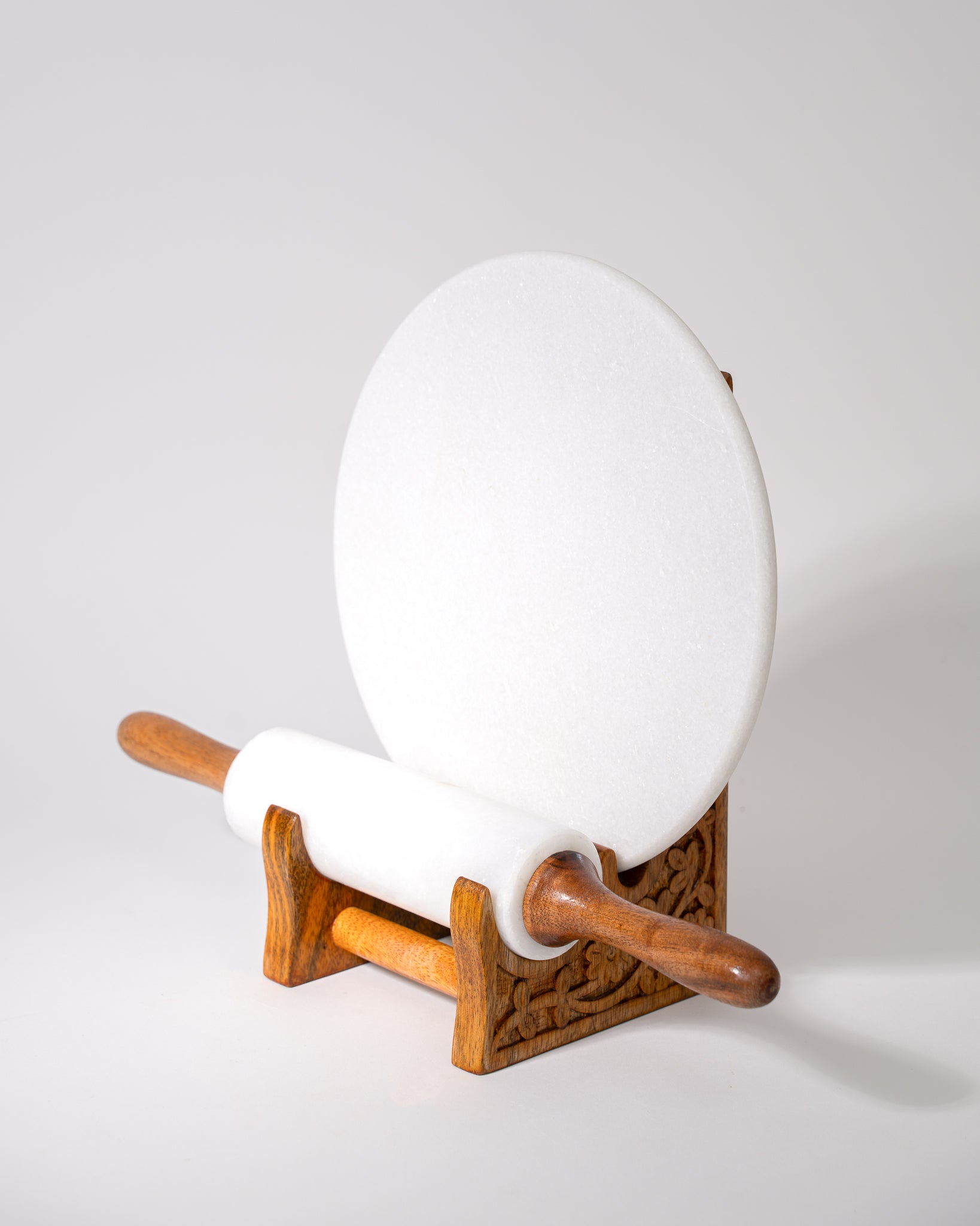 Marble Chakla Belan with Wood Carved Stand