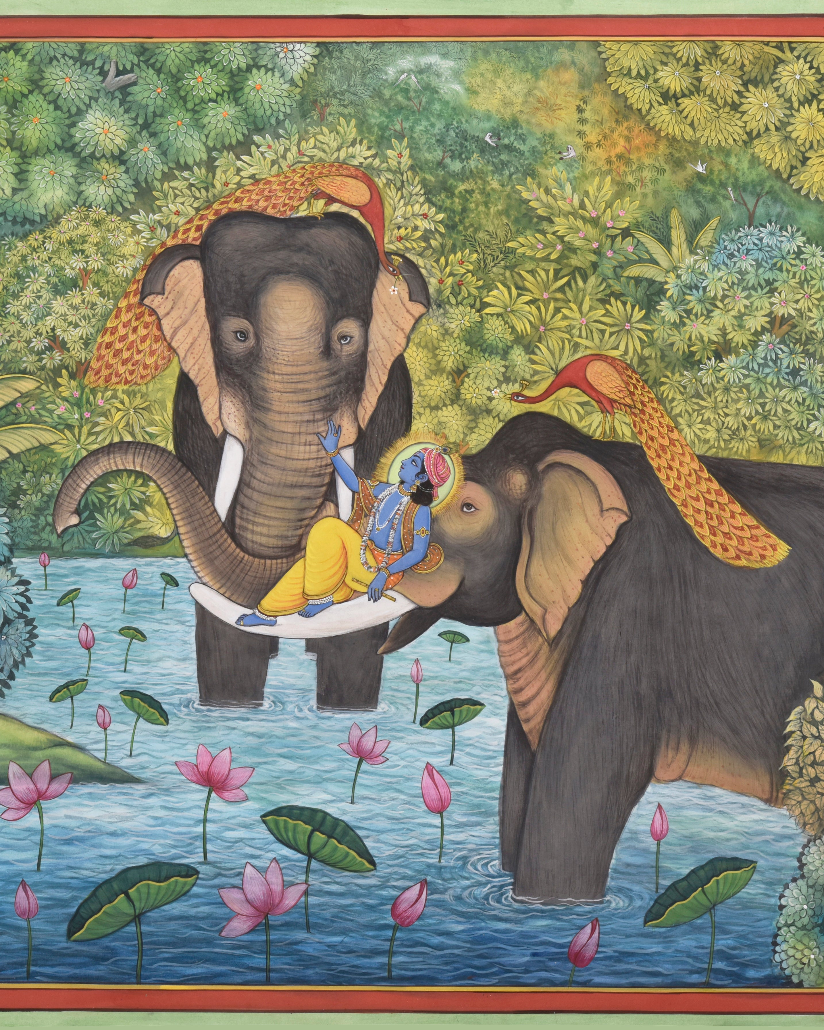 Pichwai Painting | Elephants and Lord Krishna Joyous in Lake | Indian Art