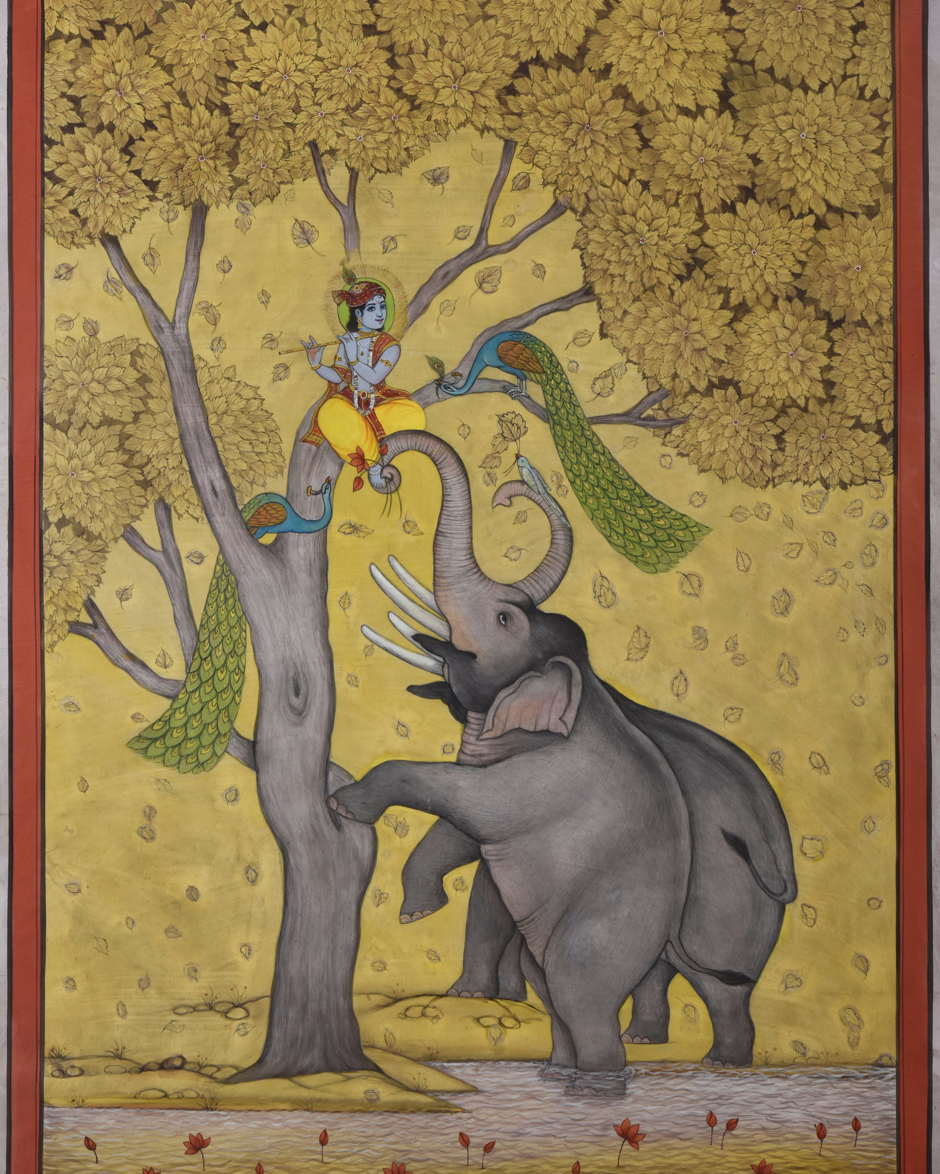 Pichwai Painting | Elephants and Lord Krishna Playing in Tree | Indian Art