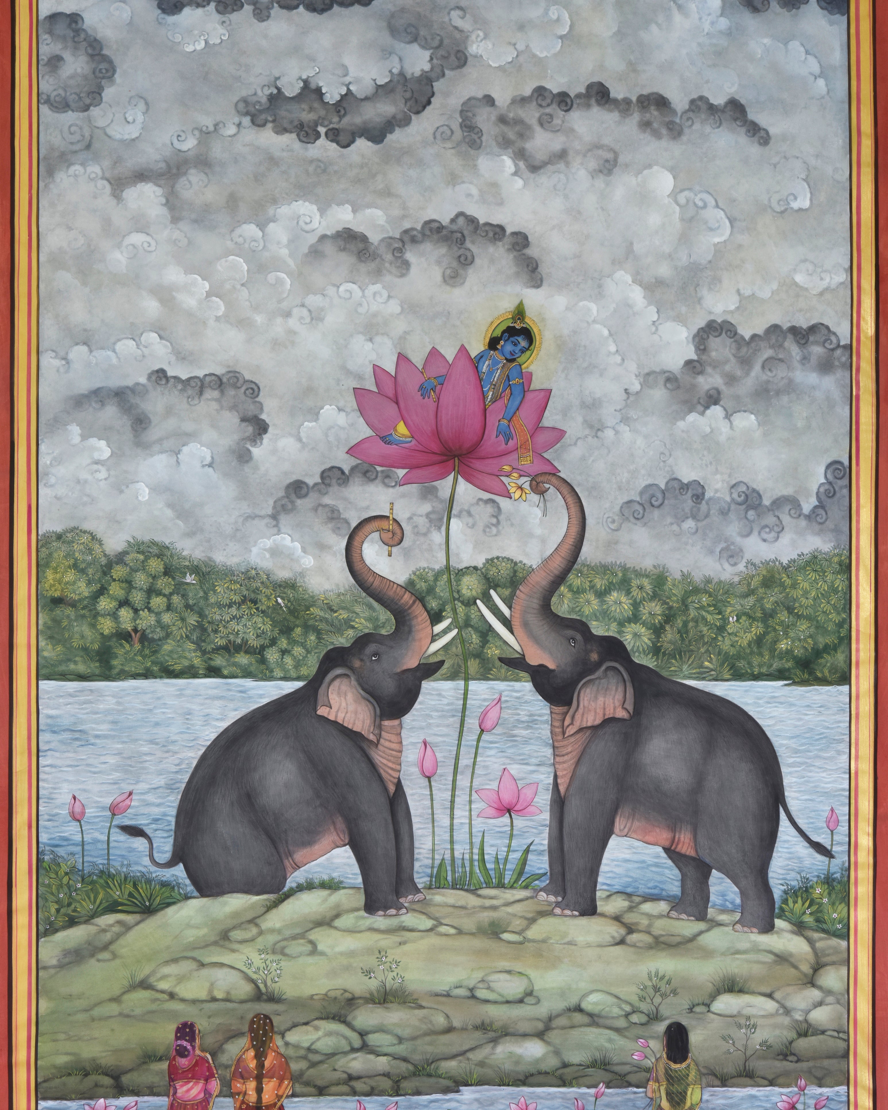 Pichwai Painting | Elephants with Lord Krishna in Lotus | Indian Art