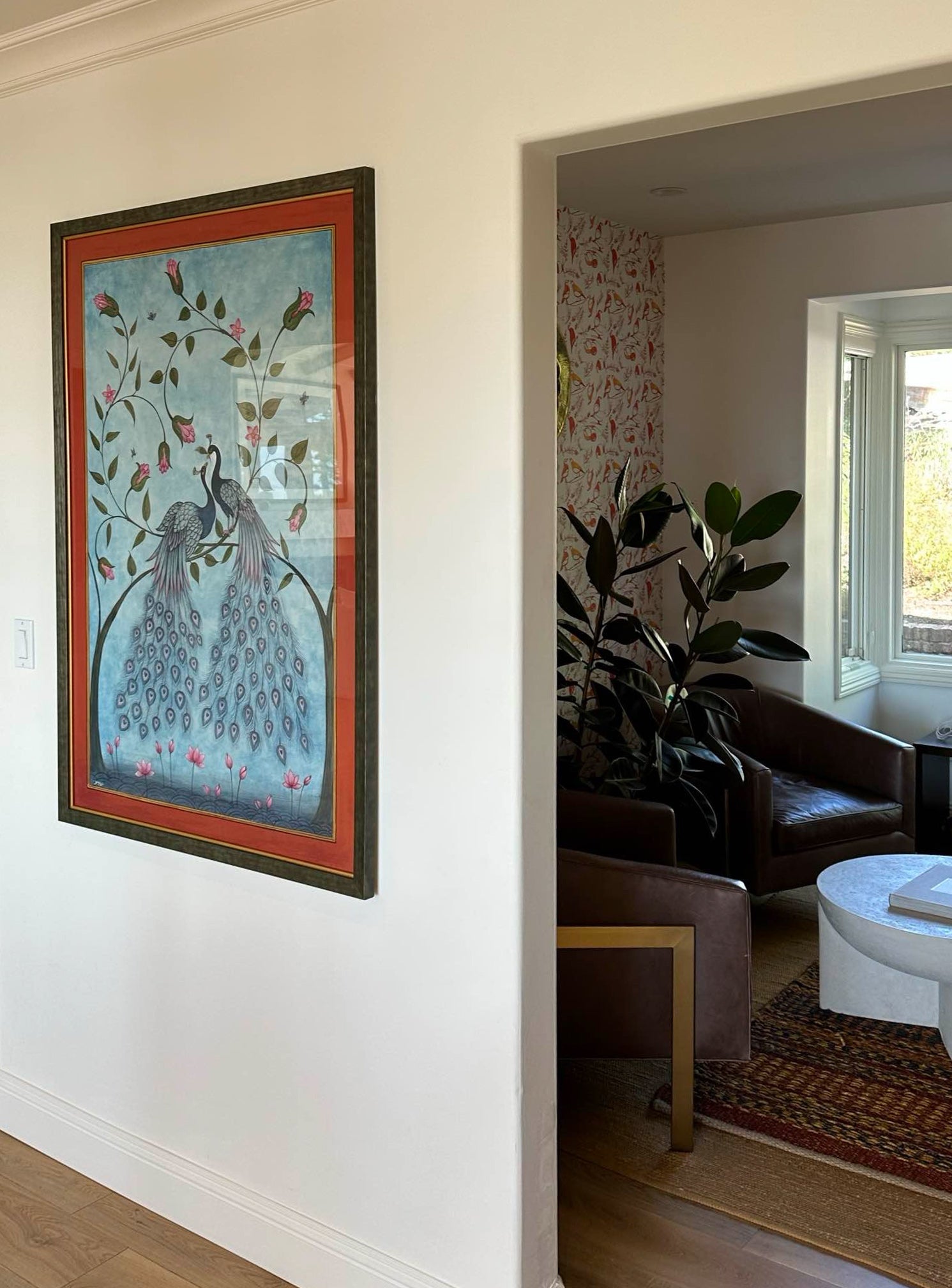 Blue Peacock Pair Pichwai Wallpaper